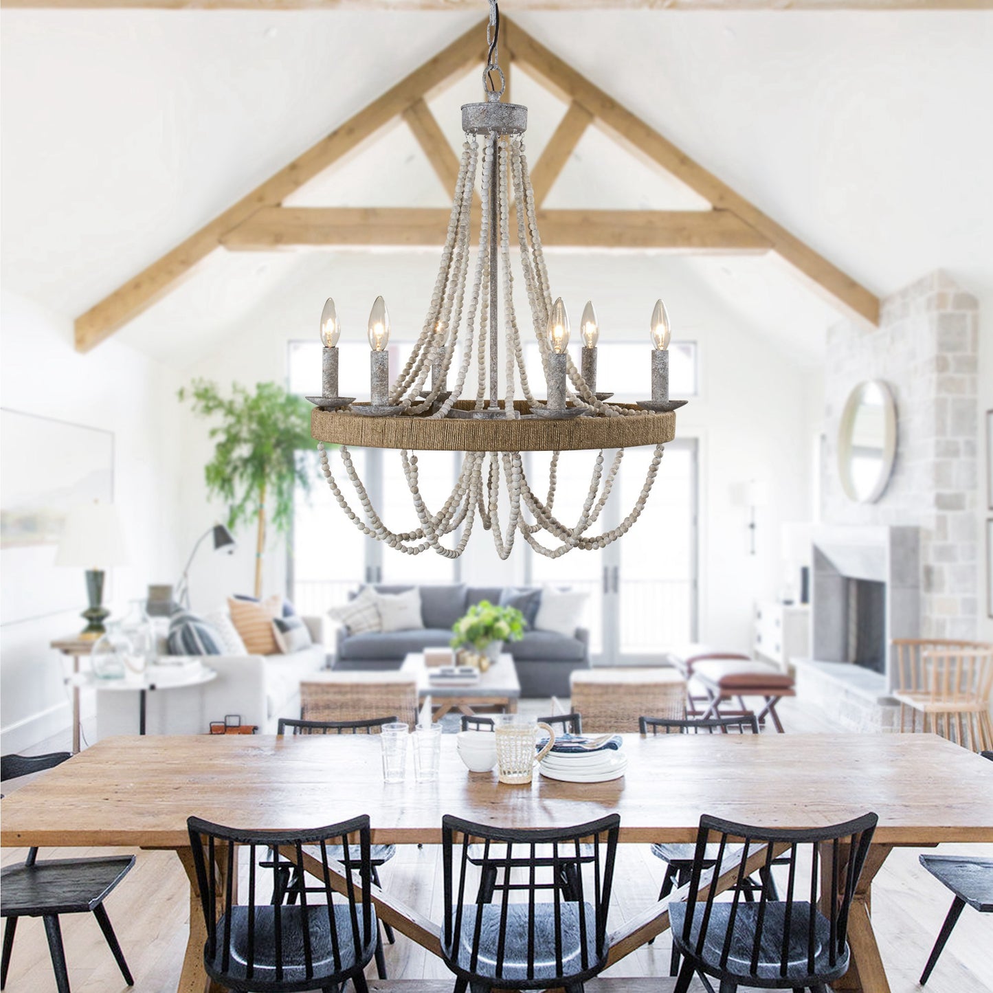 Lusteria 24" Farmhouse Wood Beaded 6-Light Candle Style Chandelier