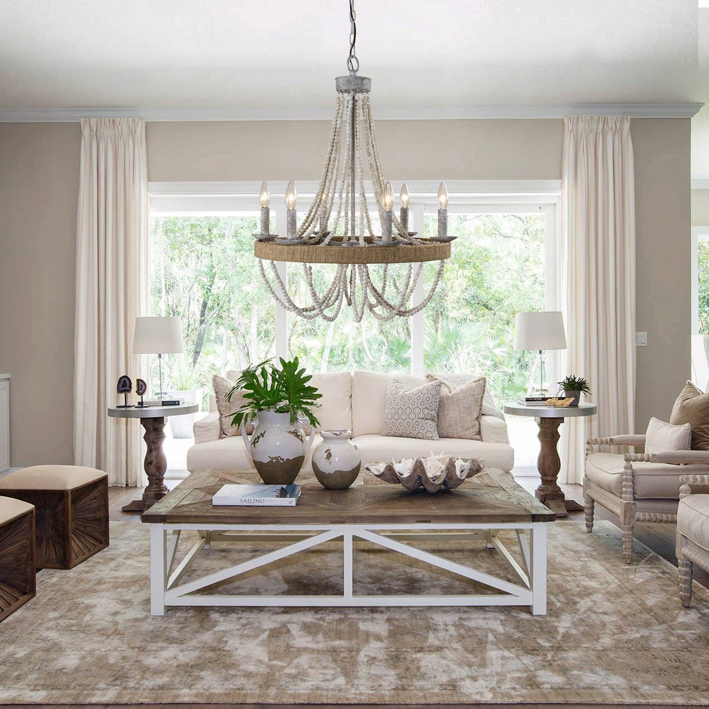Lusteria 24" Farmhouse Wood Beaded 6-Light Candle Style Chandelier