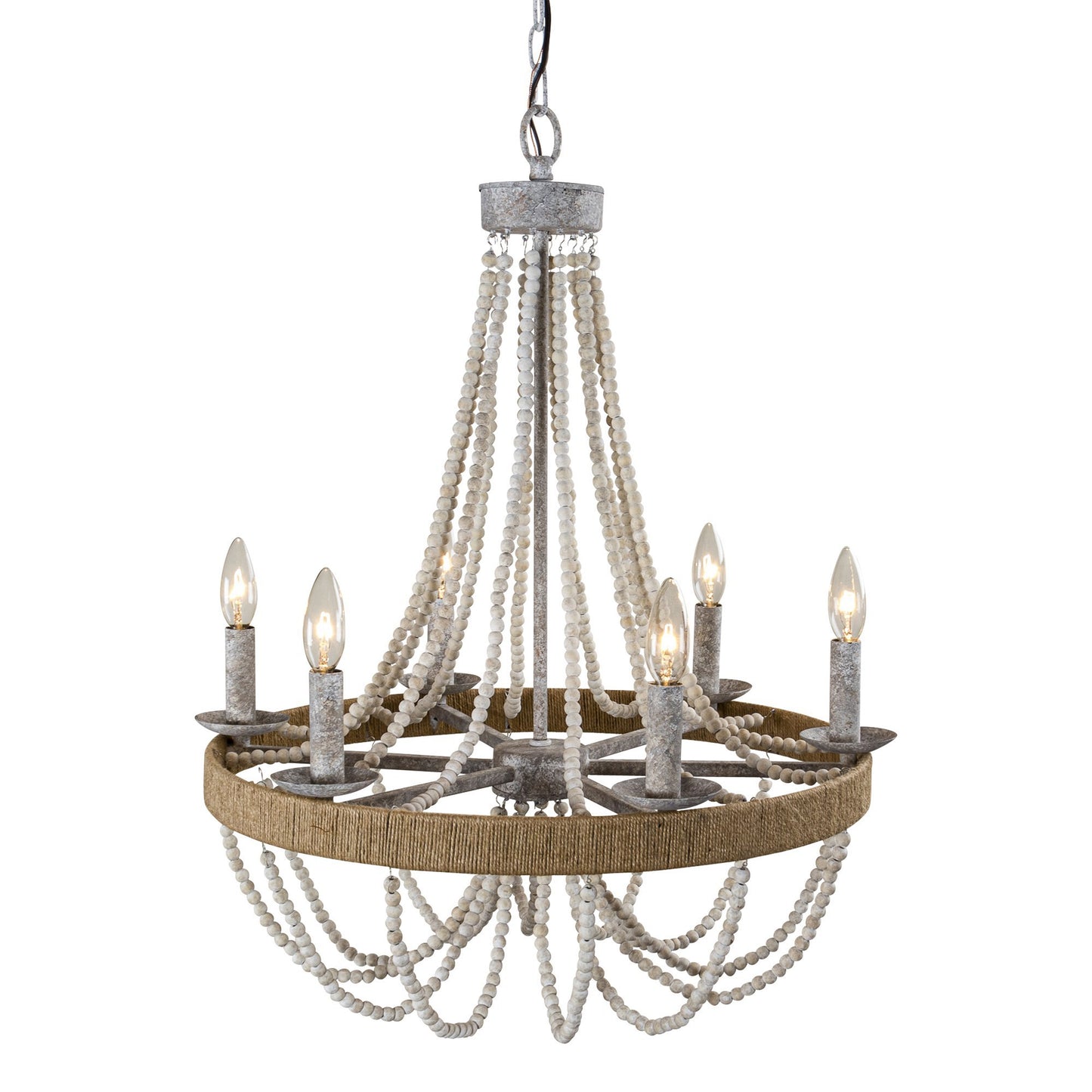 Lusteria 24" Farmhouse Wood Beaded 6-Light Candle Style Chandelier