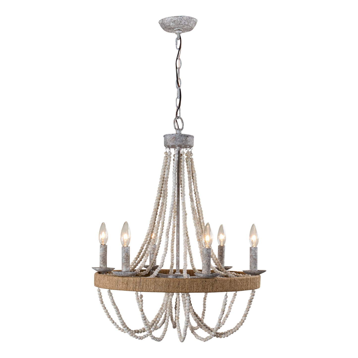 Lusteria 24" Farmhouse Wood Beaded 6-Light Candle Style Chandelier