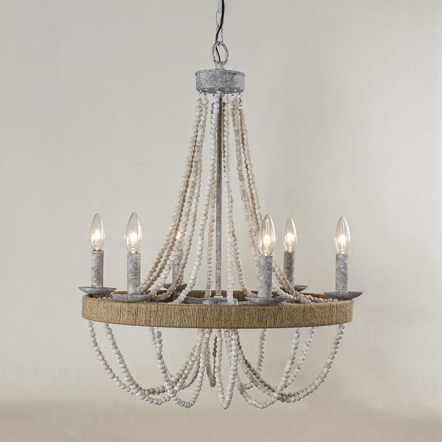 Lusteria 24" Farmhouse Wood Beaded 6-Light Candle Style Chandelier