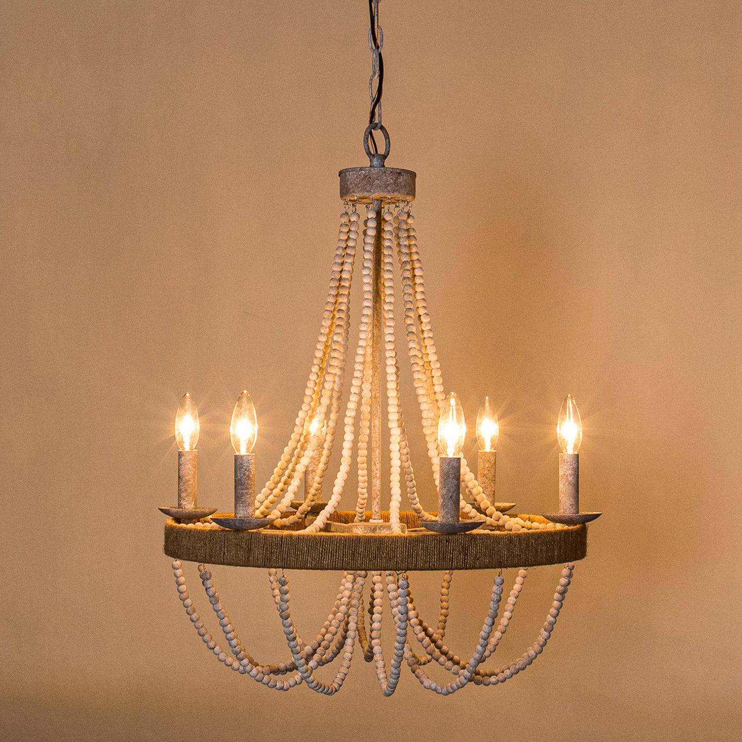 Lusteria 24" Farmhouse Wood Beaded 6-Light Candle Style Chandelier