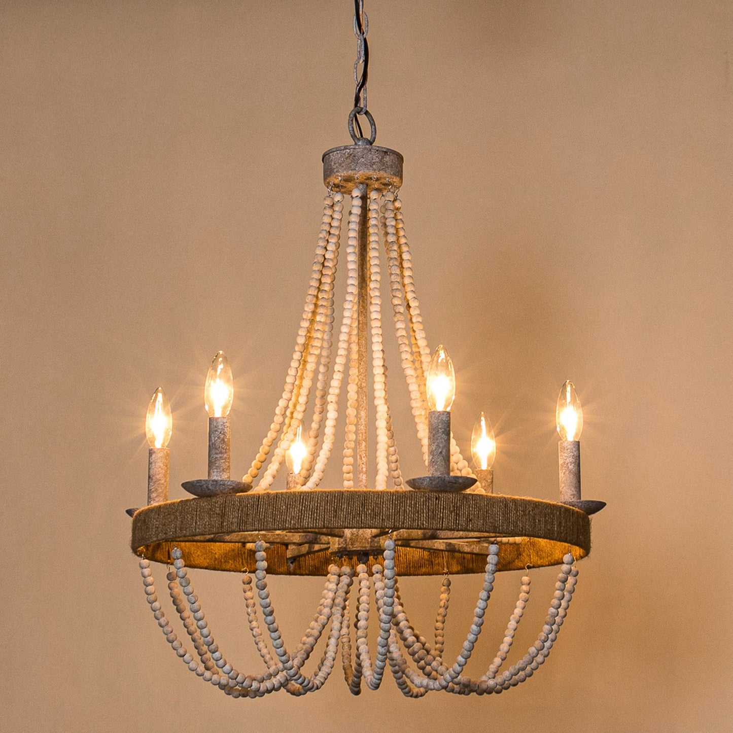 Lusteria 24" Farmhouse Wood Beaded 6-Light Candle Style Chandelier