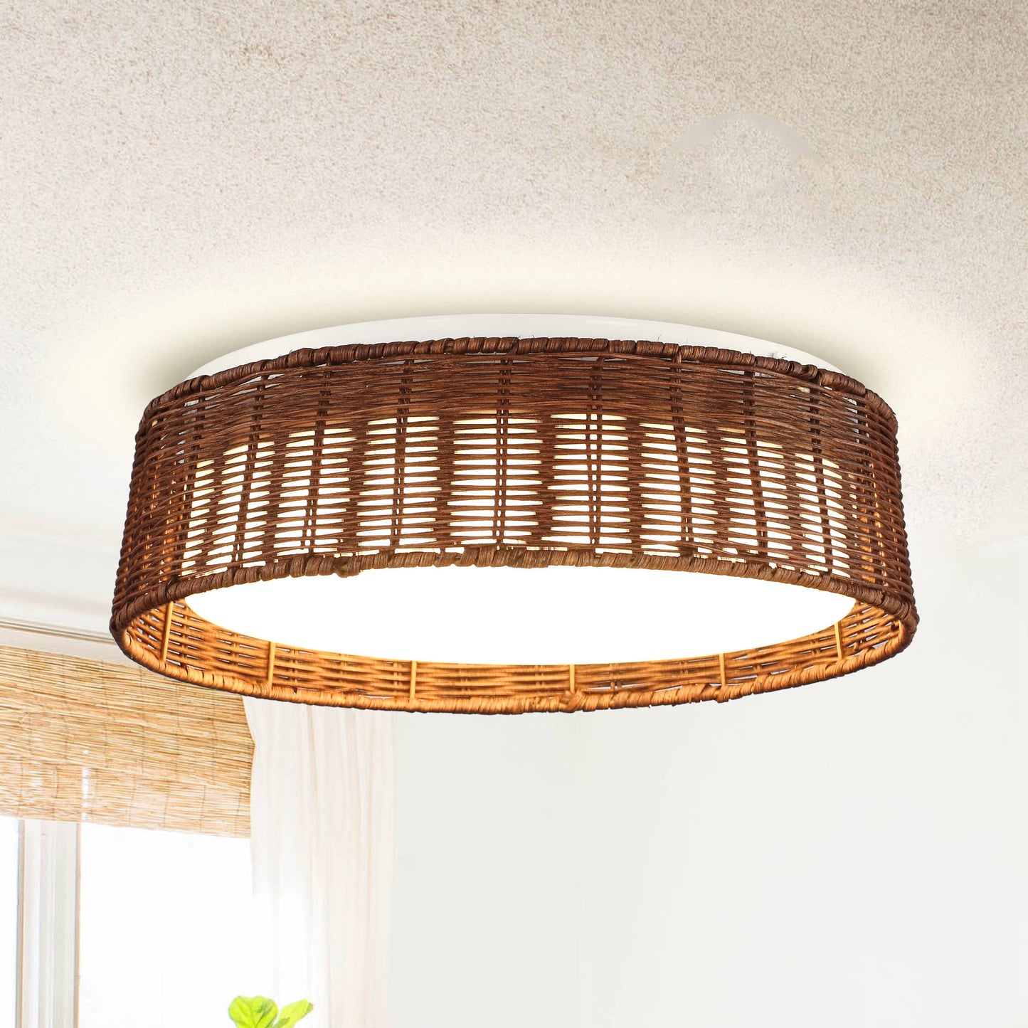 Lusteria 17" Brown Rattan LED Flush Mount Ceiling Light