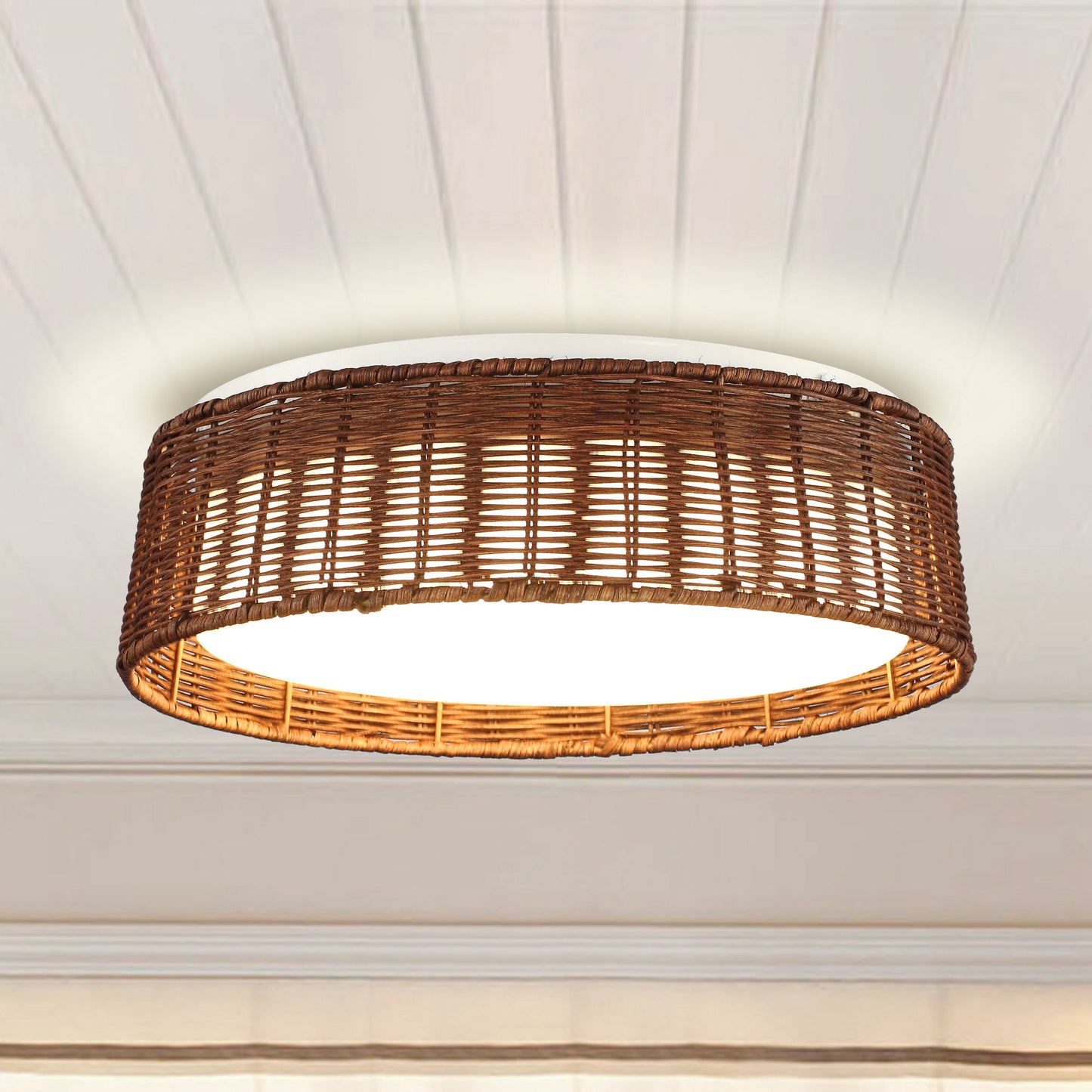 Lusteria 17" Brown Rattan LED Flush Mount Ceiling Light