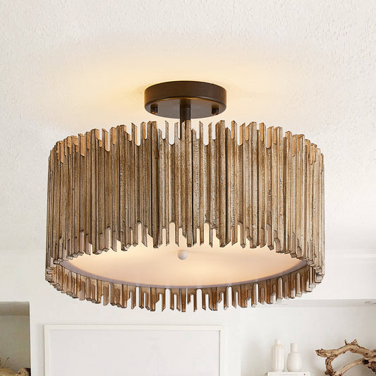 Lusteria 16" Wood Farmhouse 3-Light LED Semi-Flush Mount Ceiling Lighting