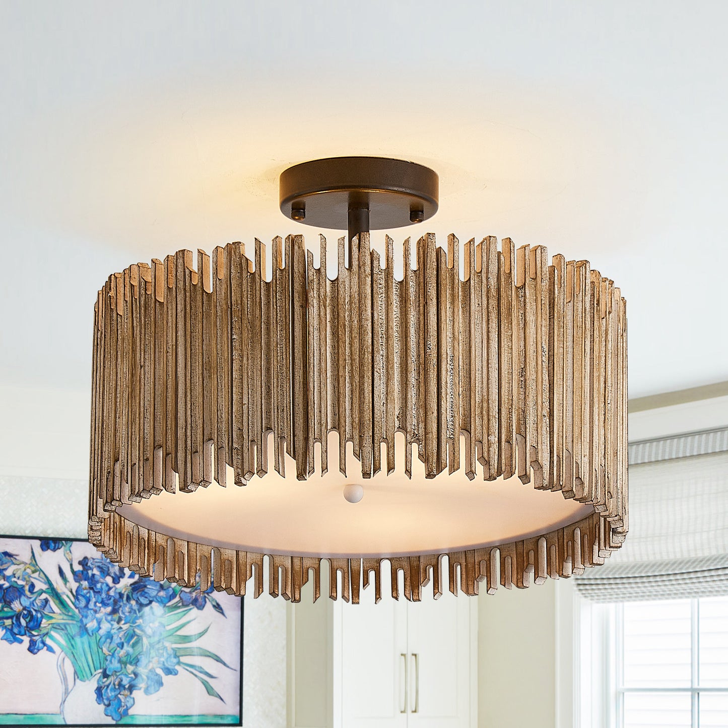 Lusteria 16" Wood Farmhouse 3-Light LED Semi-Flush Mount Ceiling Lighting