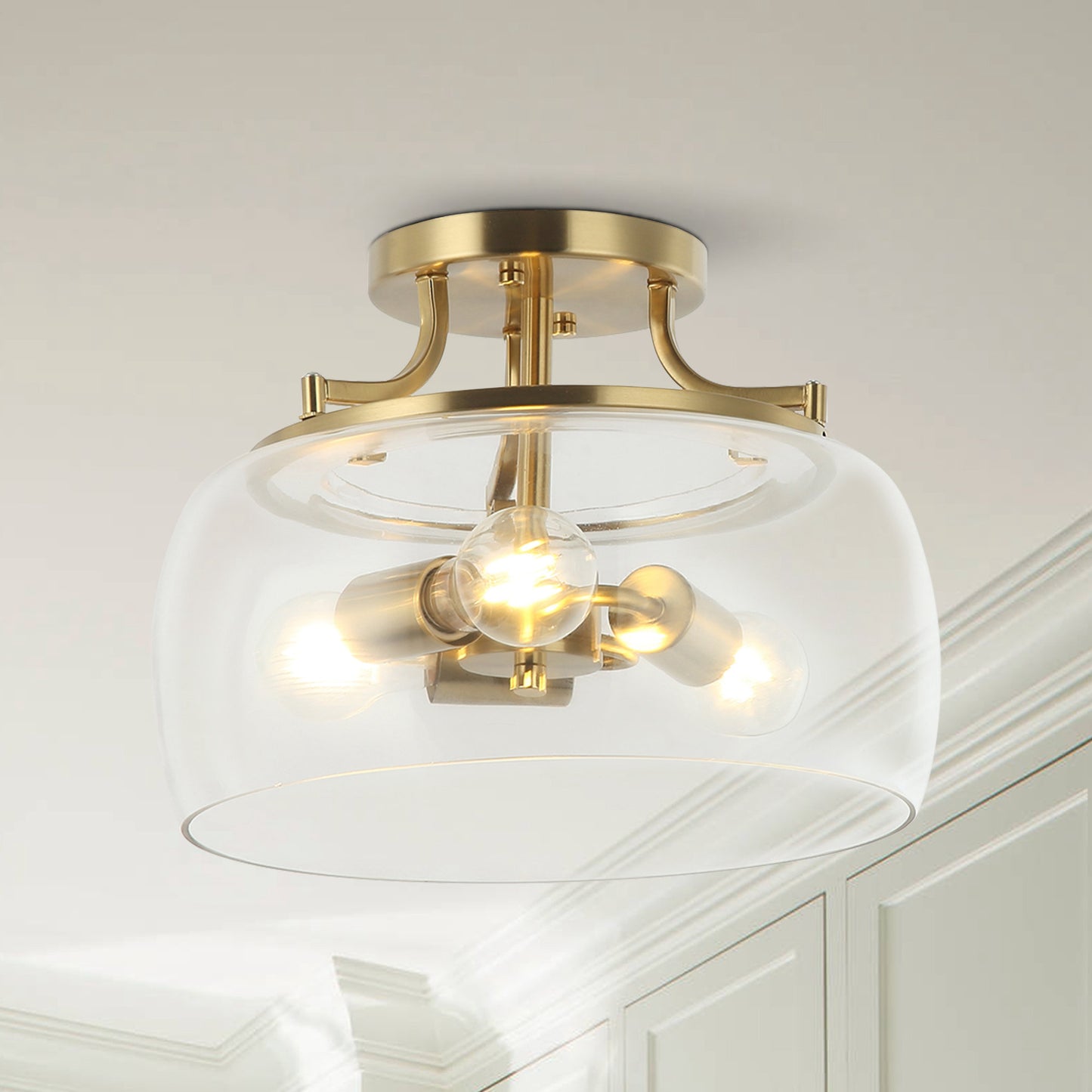 Lusteria 13.8" Modern Gold 3-Light Semi-Flush Mount Ceiling Light