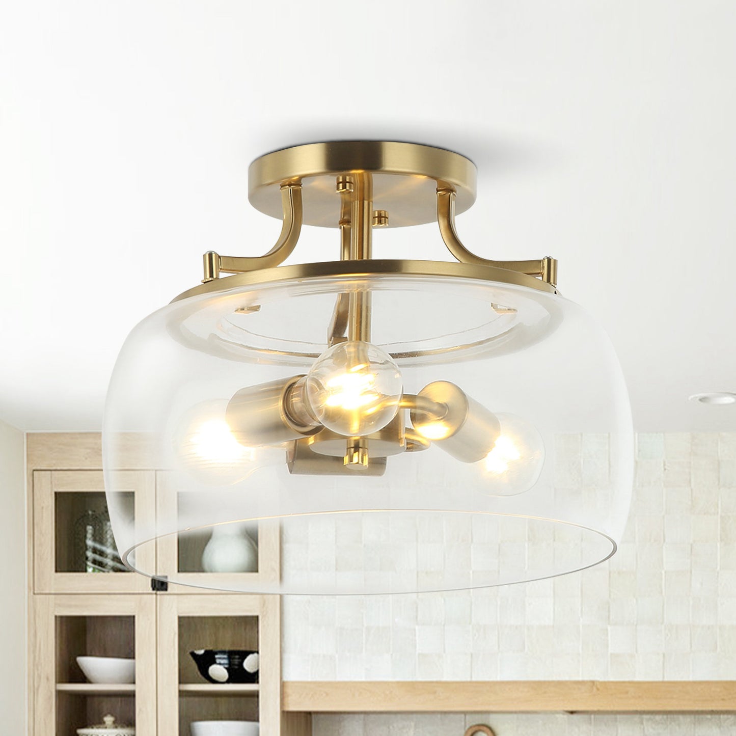 Lusteria 13.8" Modern Gold 3-Light Semi-Flush Mount Ceiling Light
