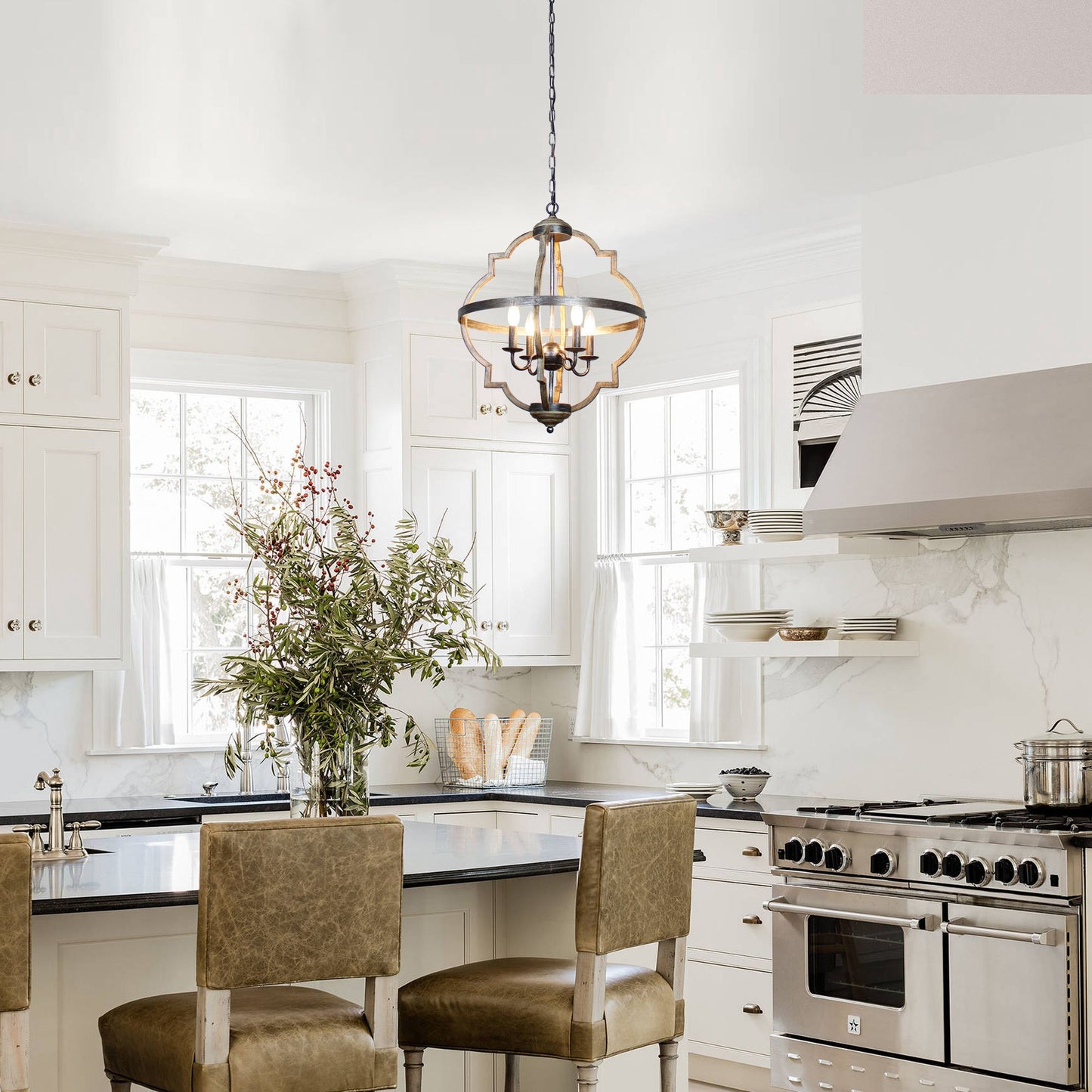 Lusteria Farmhouse Black 4-Light Distressed Candlestick Island Chandelier