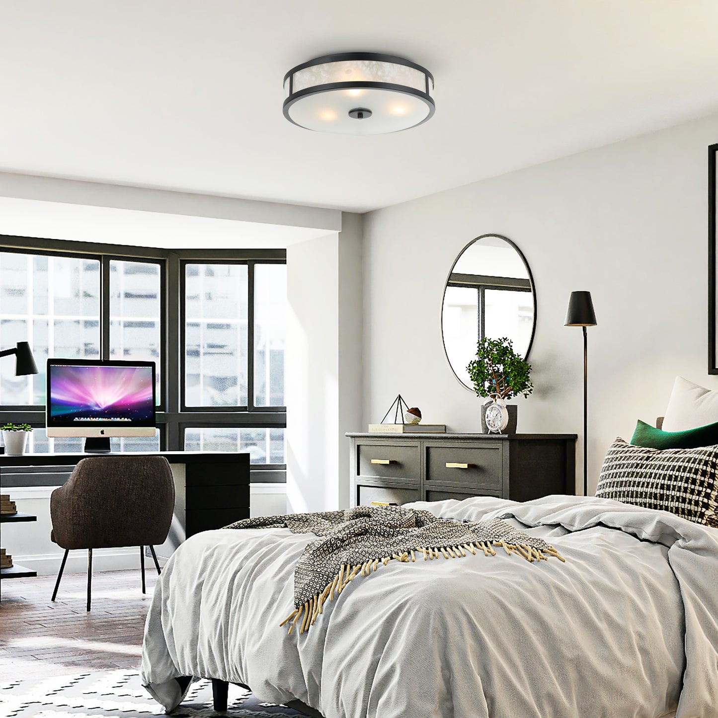 Lusteria 15.7" Modern Black 3-Light Drum Flush Mount Ceiling Light