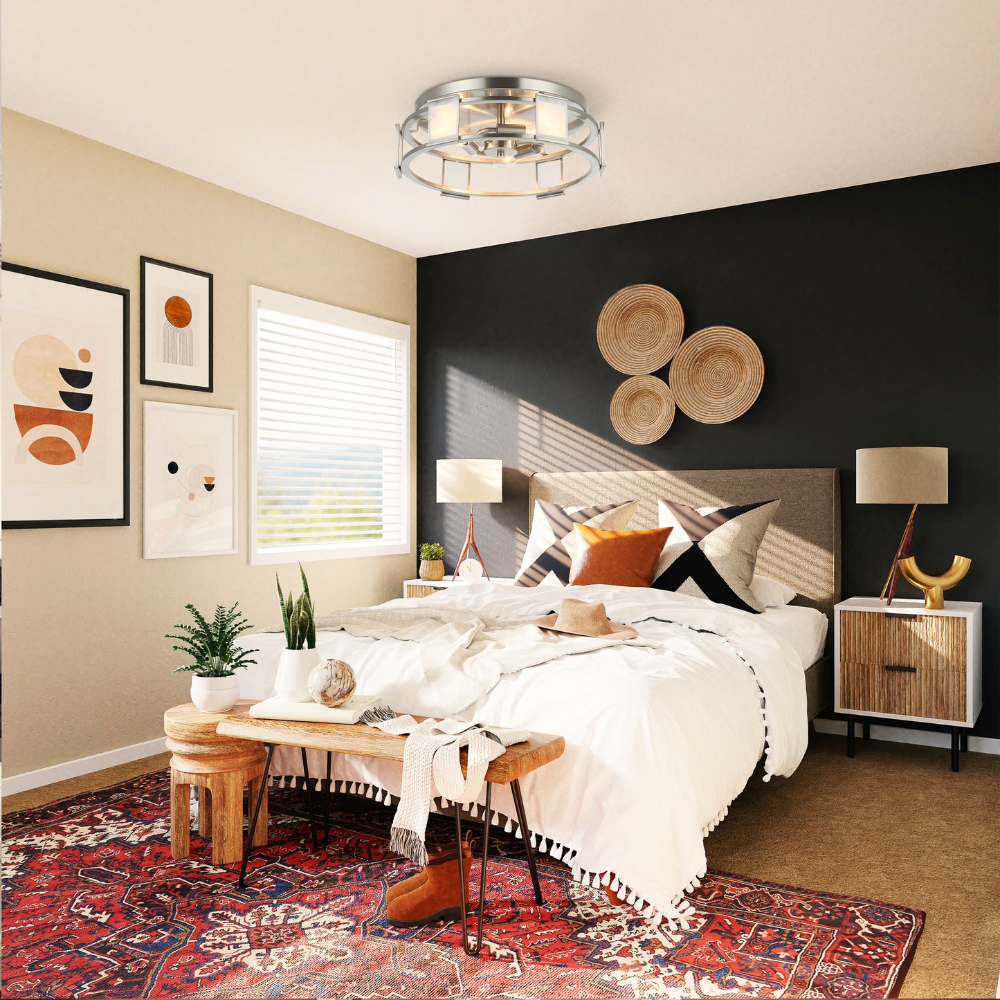 Lusteria 15" Modern Satin Nickel 3-Light Flush Mount Ceiling Light