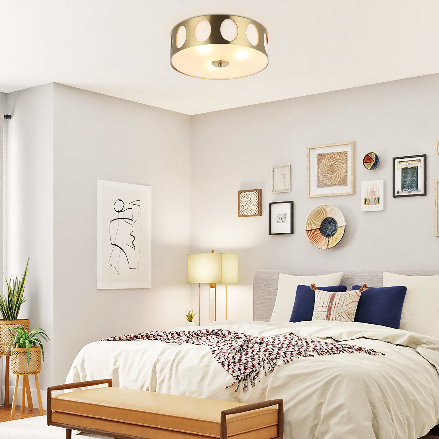 Lusteria 13.8" Modern Gold 3-Light Drum Flush Mount Ceiling Light
