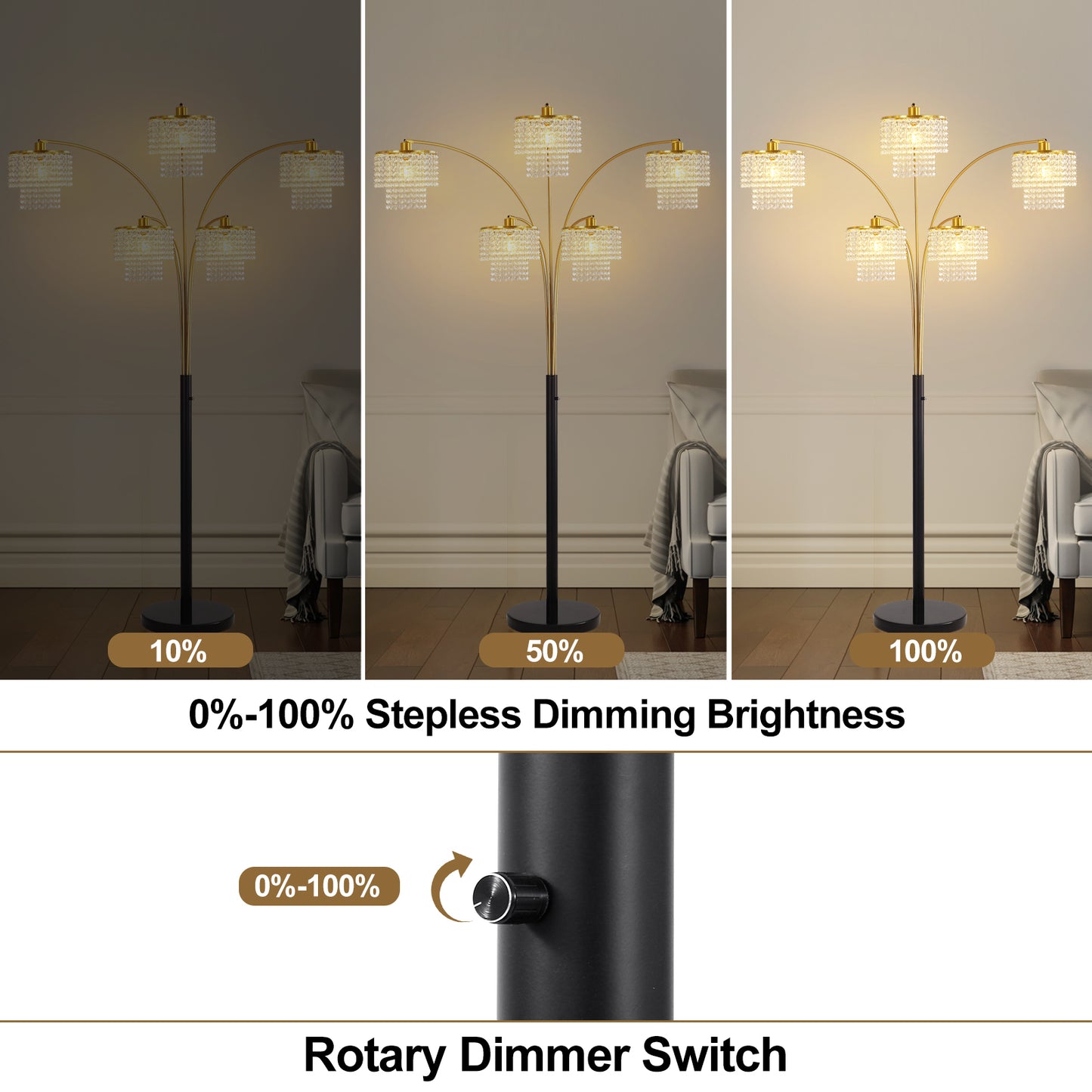 Brio 80" 5-Light Modern Gold Crystal Arc Floor Lamp