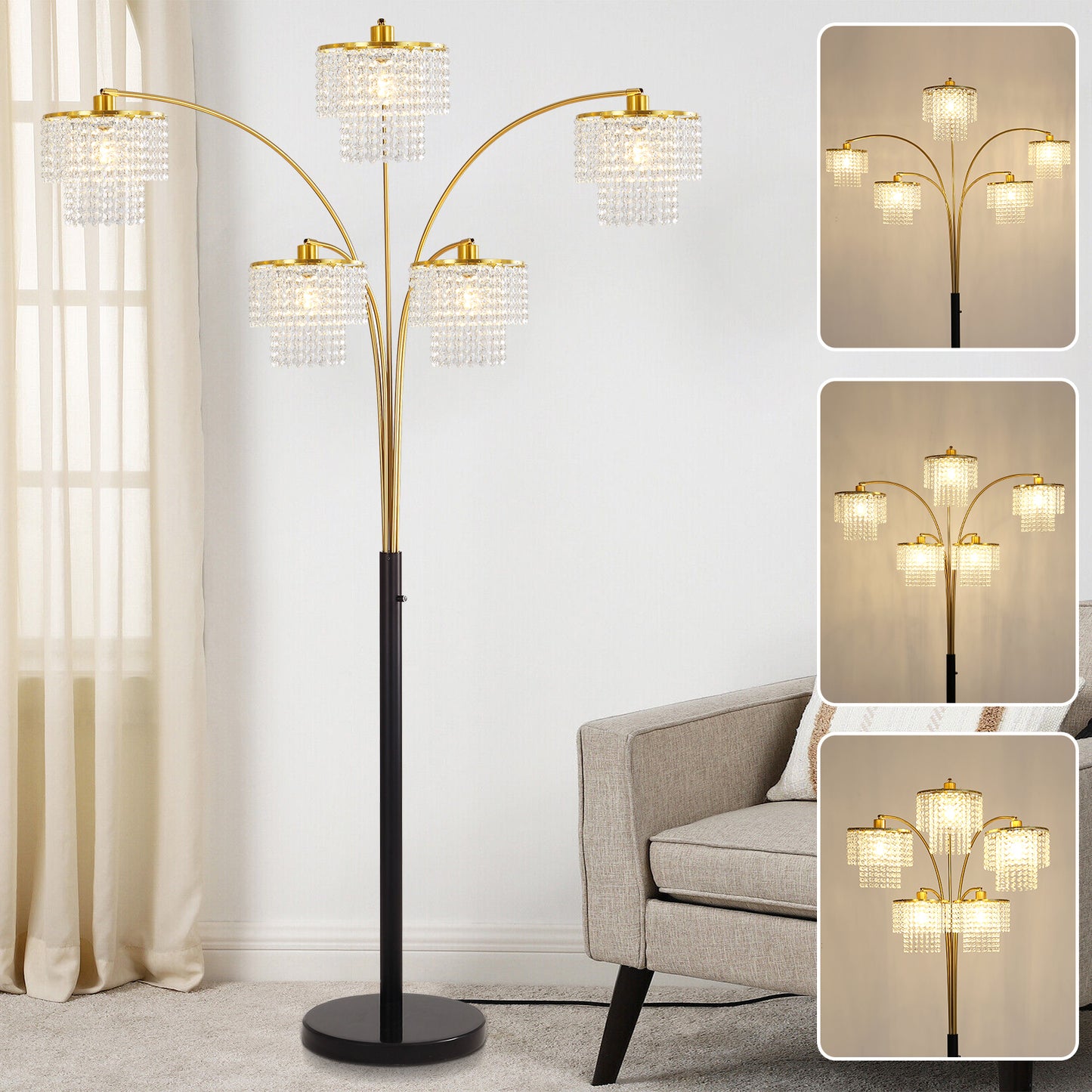 Brio 80" 5-Light Modern Gold Crystal Arc Floor Lamp