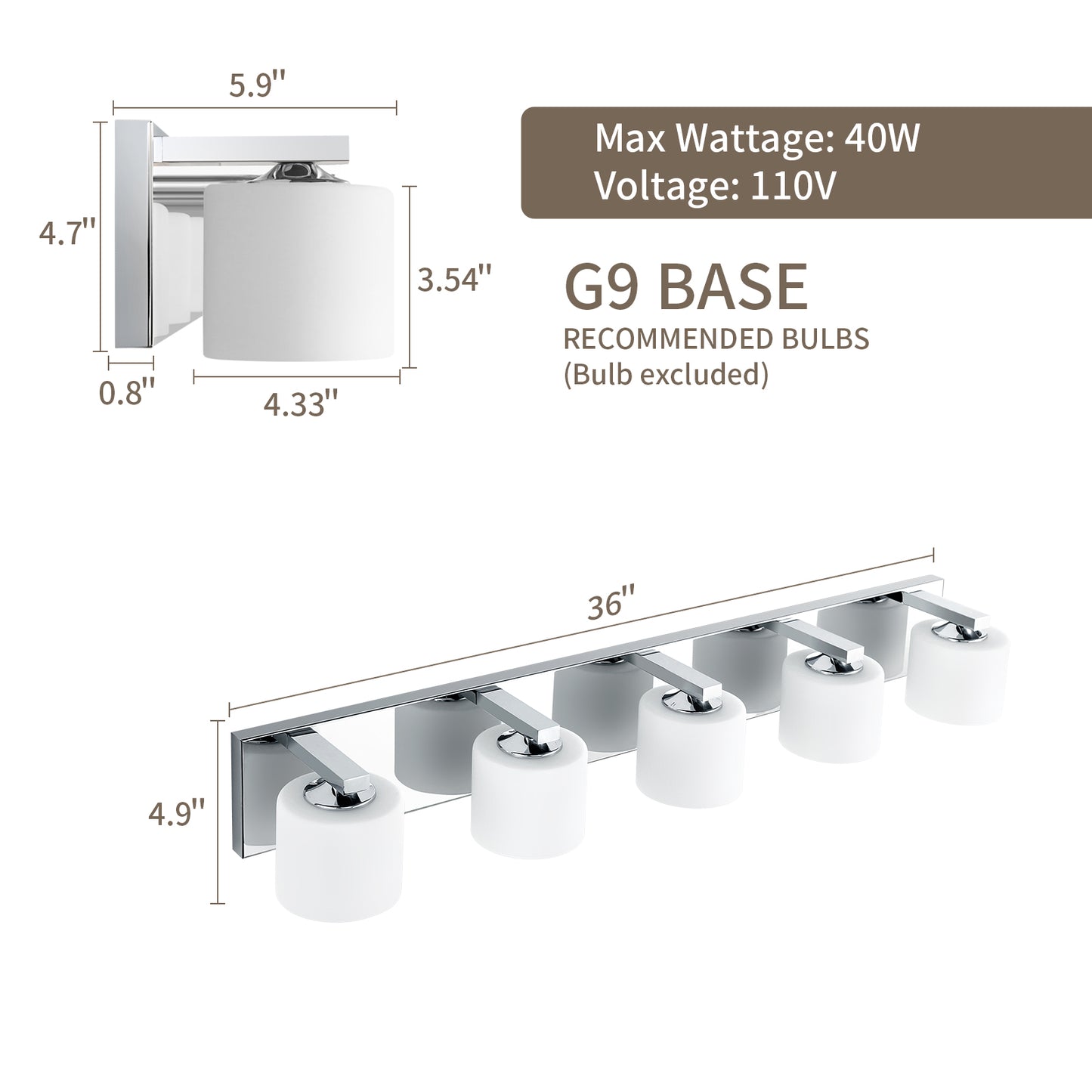 5-Light Chrome Vanity Light – Modern Bathroom Wall Fixture with Etched Opal Glass