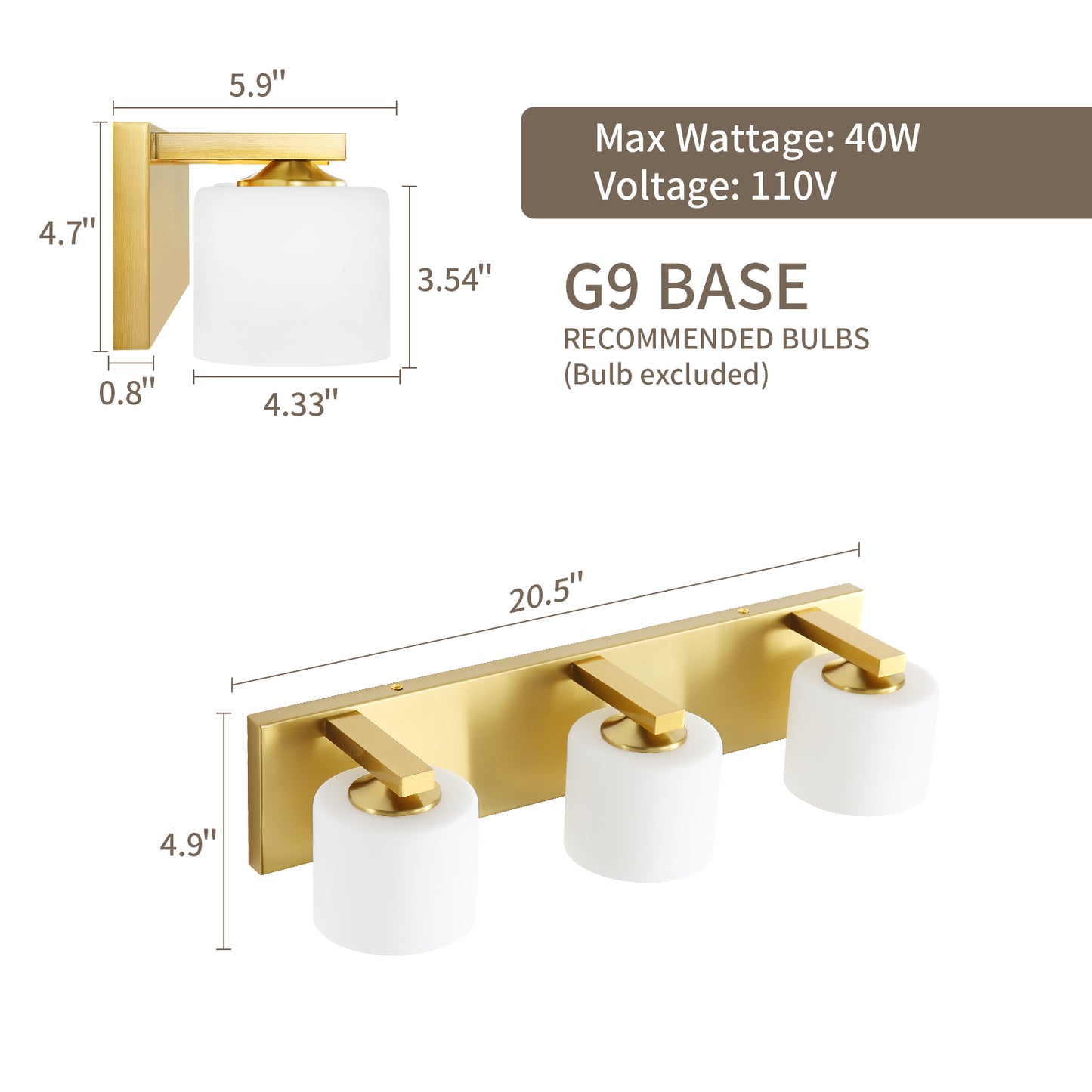3-Light Gold Vanity Light – Modern Bathroom Wall Fixture with Etched Opal Glass