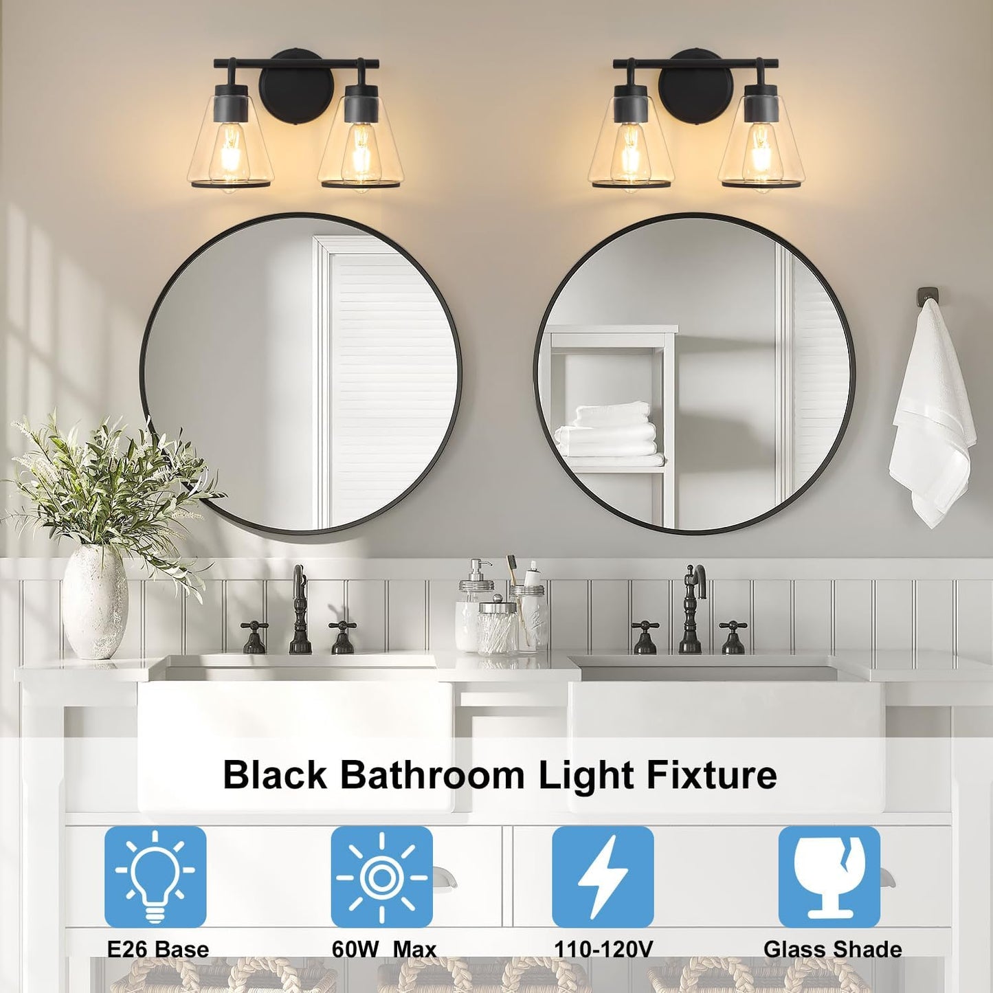 2-Light Matte Black Bathroom Vanity Light with Clear Glass – Modern Wall Light Fixture
