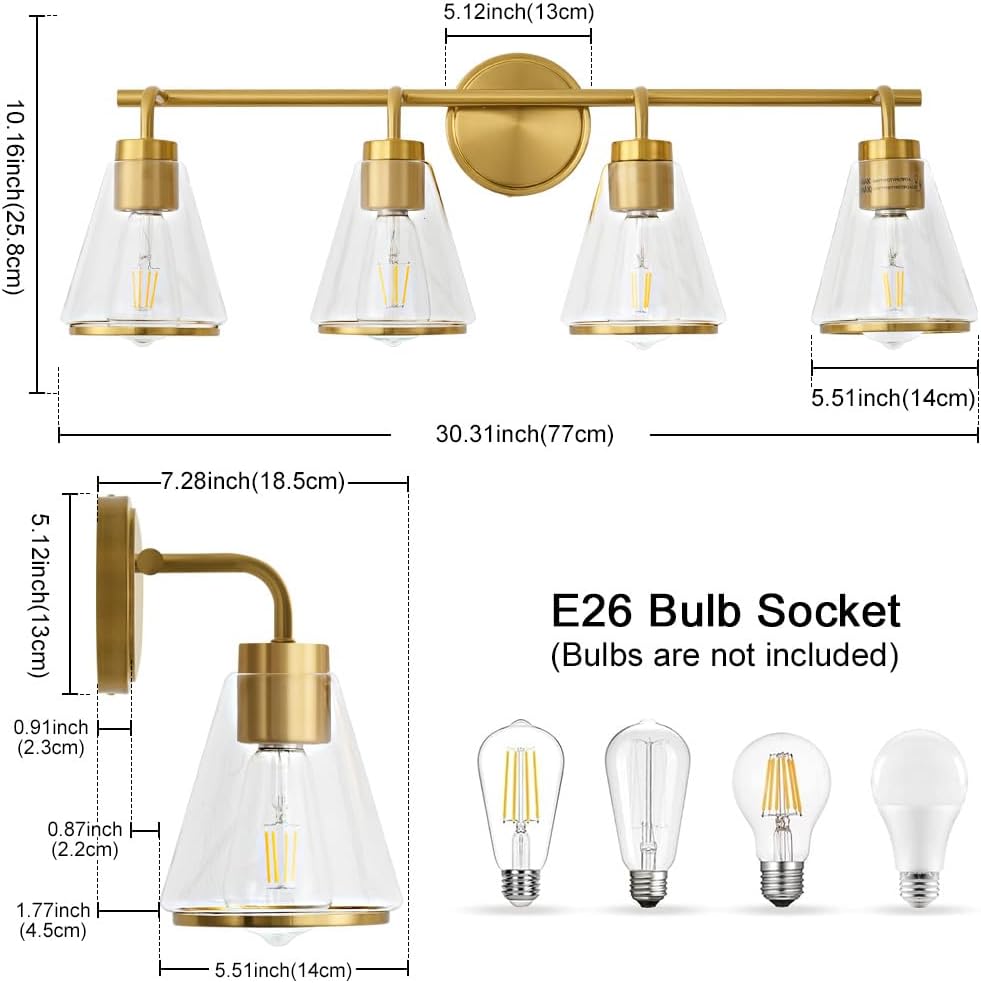 4-Light Gold Bathroom Vanity Light with Clear Glass – Modern Wall Light Fixture