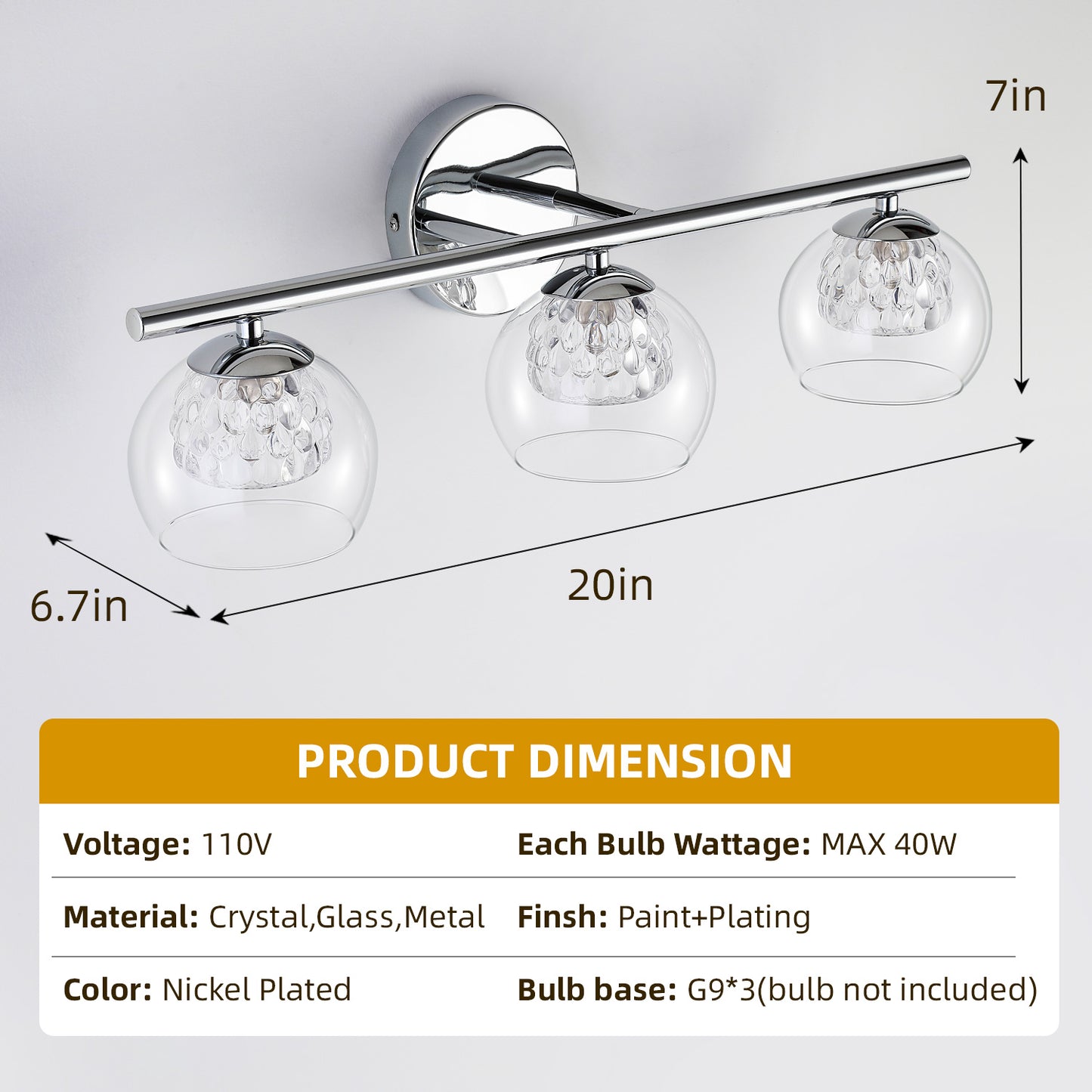 3-Light Chrome Crystal Vanity Light – Modern Bathroom Fixture with Inner Crystal Shade