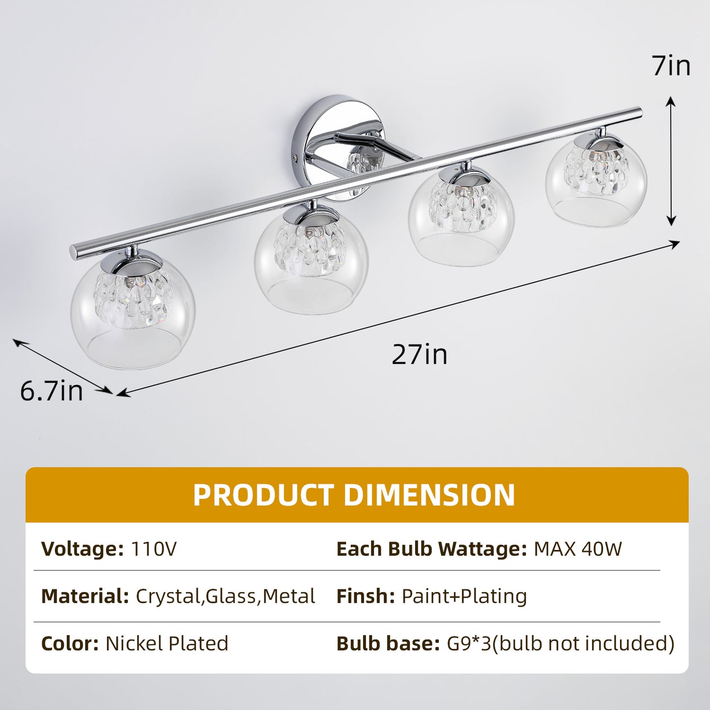 4-Light Chrome Crystal Vanity Light – Modern Bathroom Fixture with Inner Crystal Shade