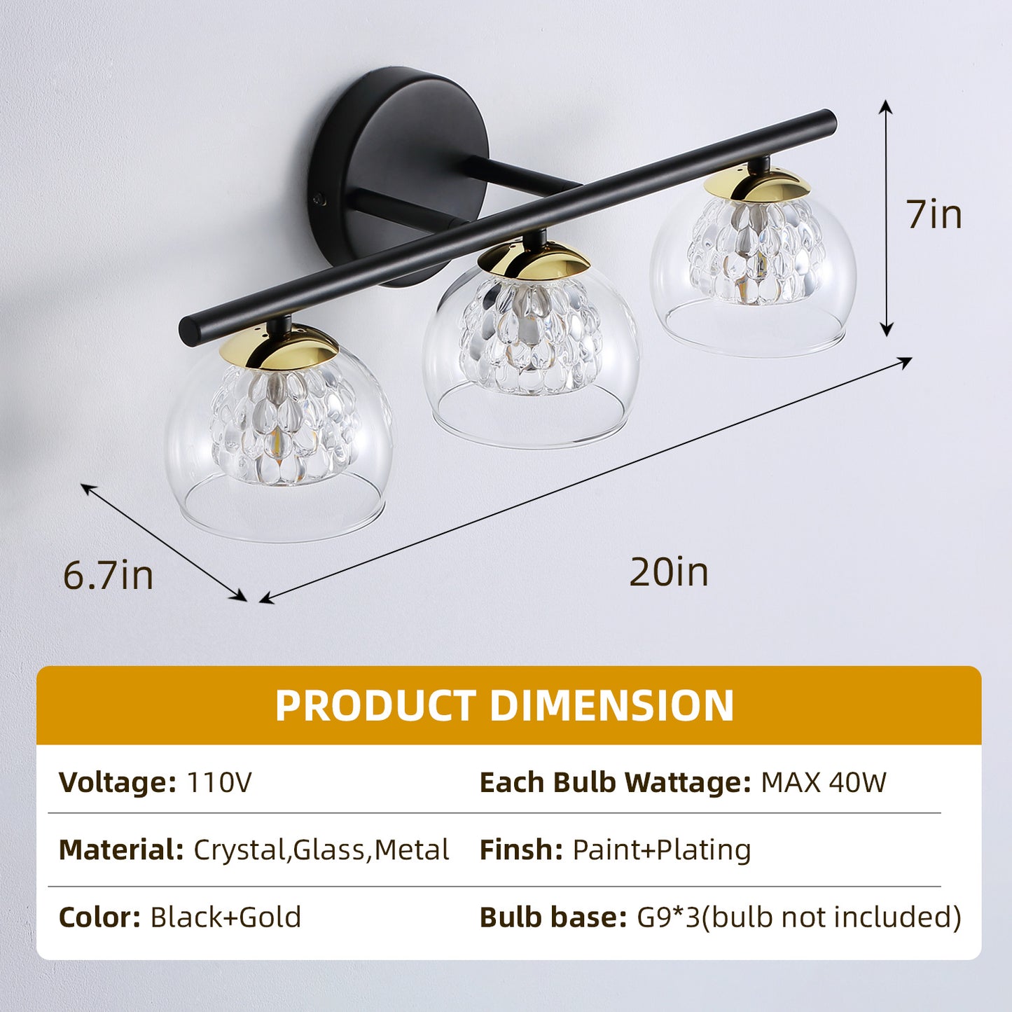 3-Light Black Crystal Vanity Light – Modern Bathroom Fixture with Inner Crystal Shade