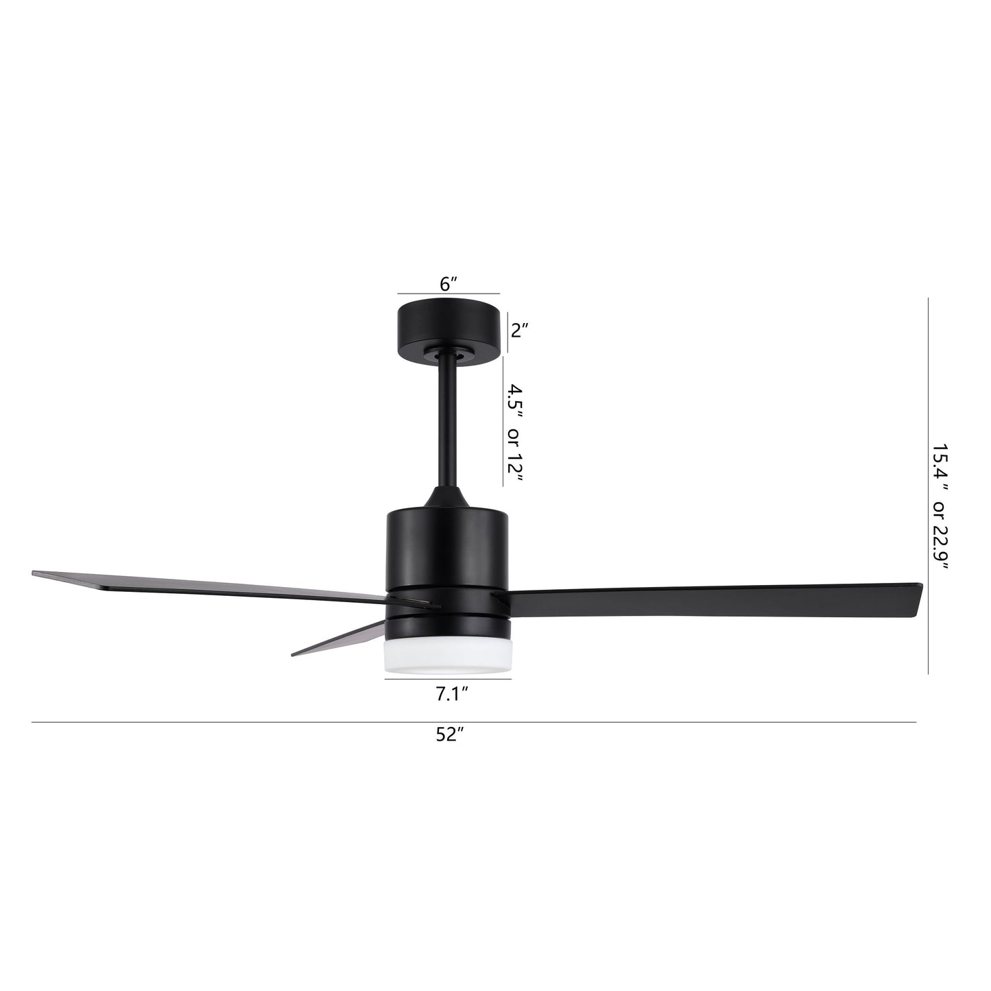 52" Matte Black Ceiling Fan with Solid Wood Blades and LED Light – 6-Speed Remote Fan