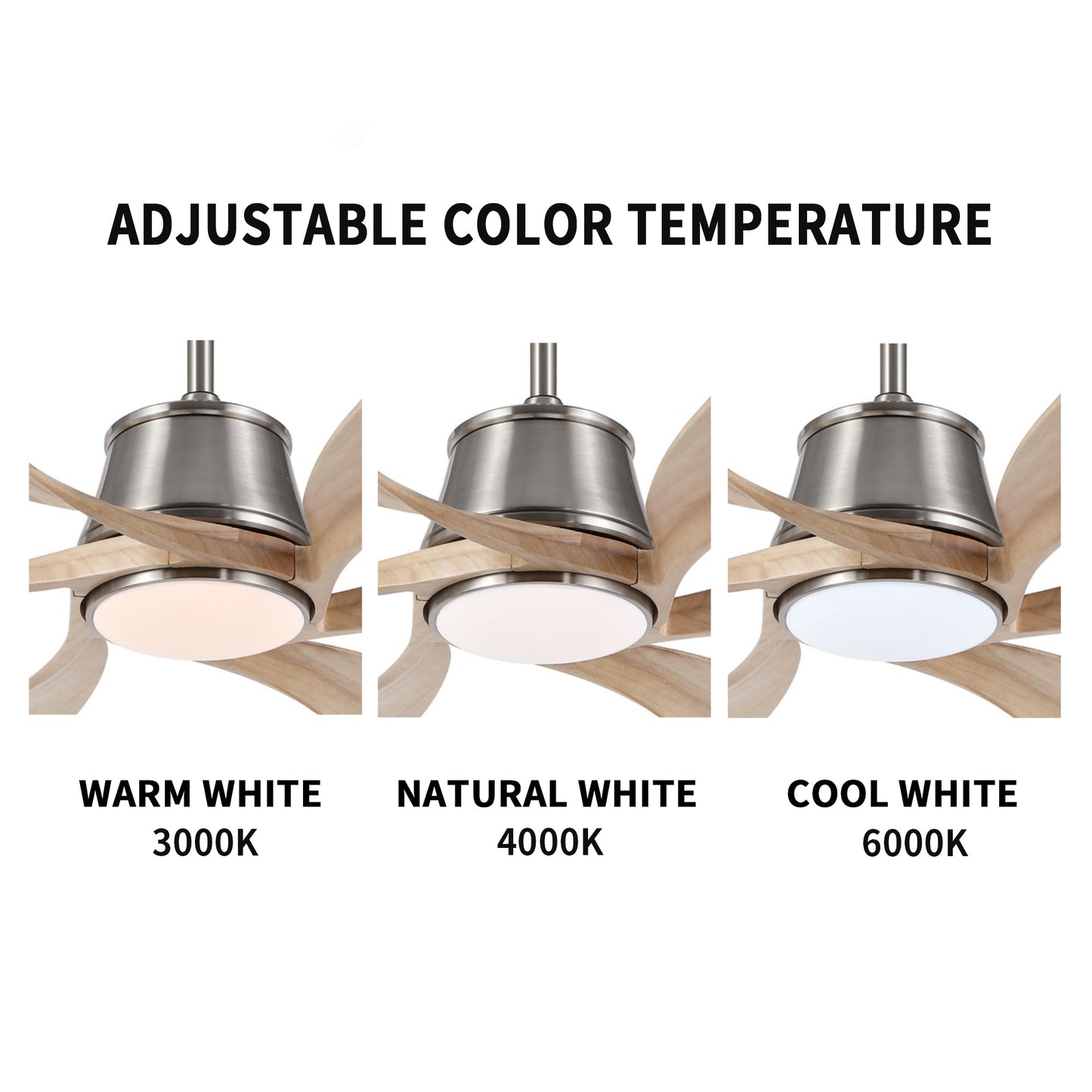 60" Brushed Nickel Ceiling Fan with Wood Blades and LED Light – Modern 6-Blade Smart Fan