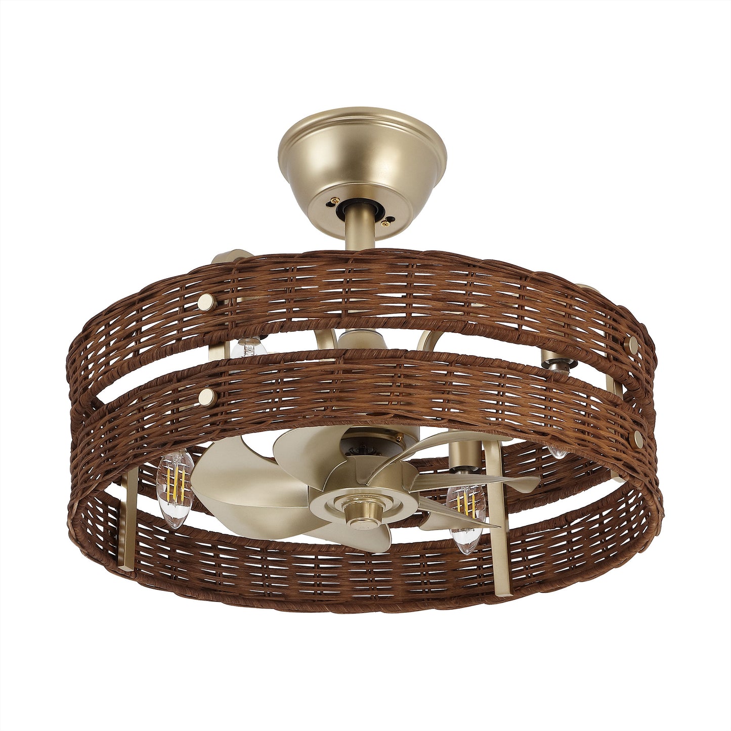 18" Gold Brown Rattan Fandelier Ceiling Fan with Light – Boho Semi Flush Fan with Remote
