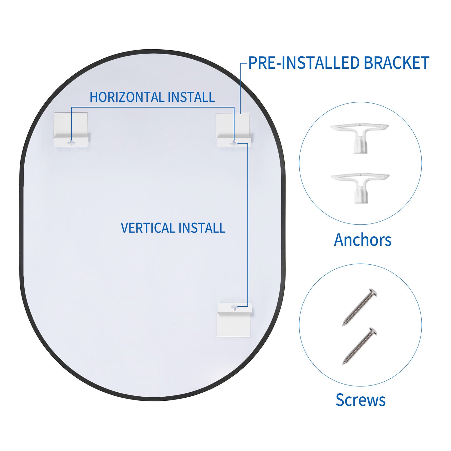 Wall Mirror 30x40" Modern Matte Black Framed Oval