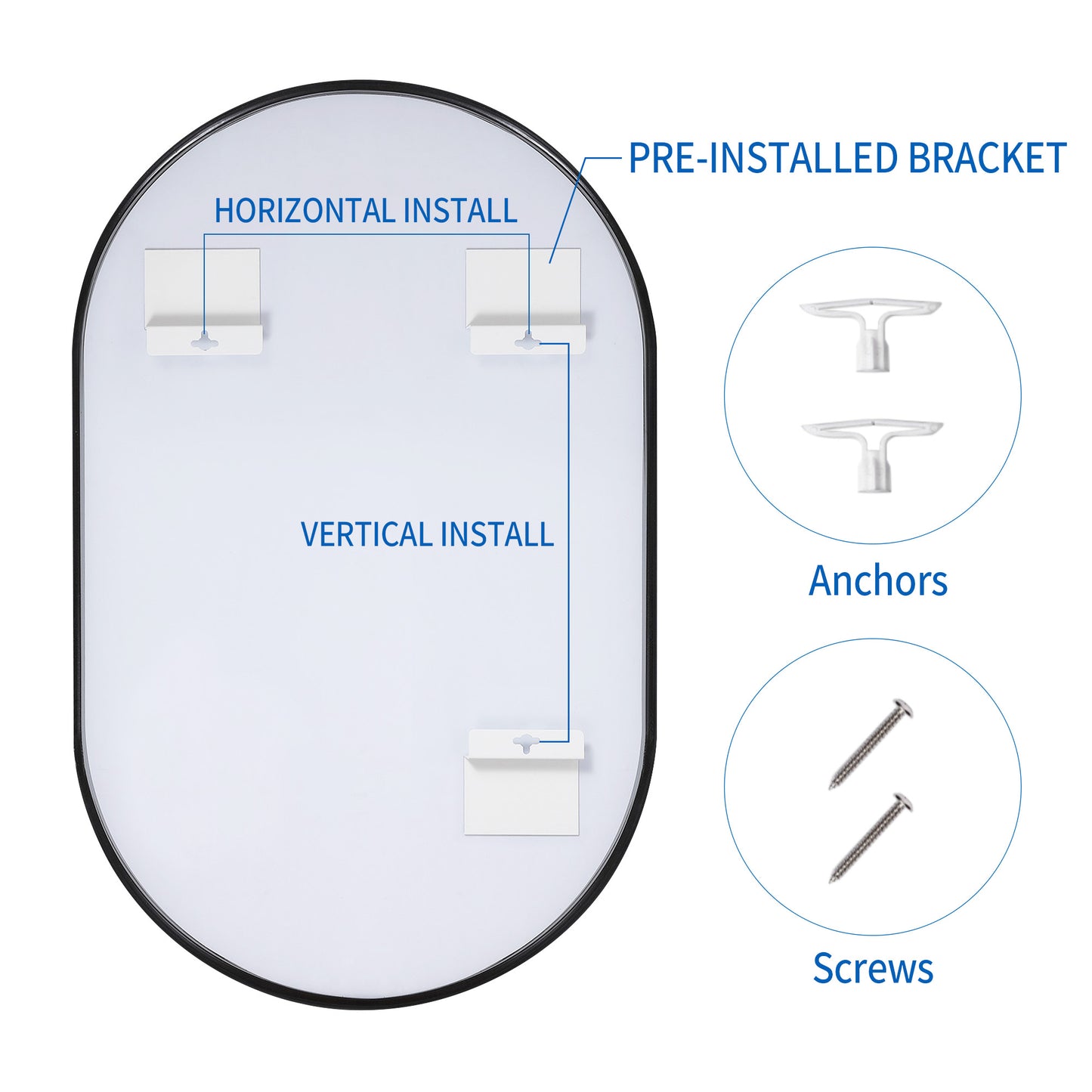 Wall Mirror 30x48" Modern Matte Black Framed Oval