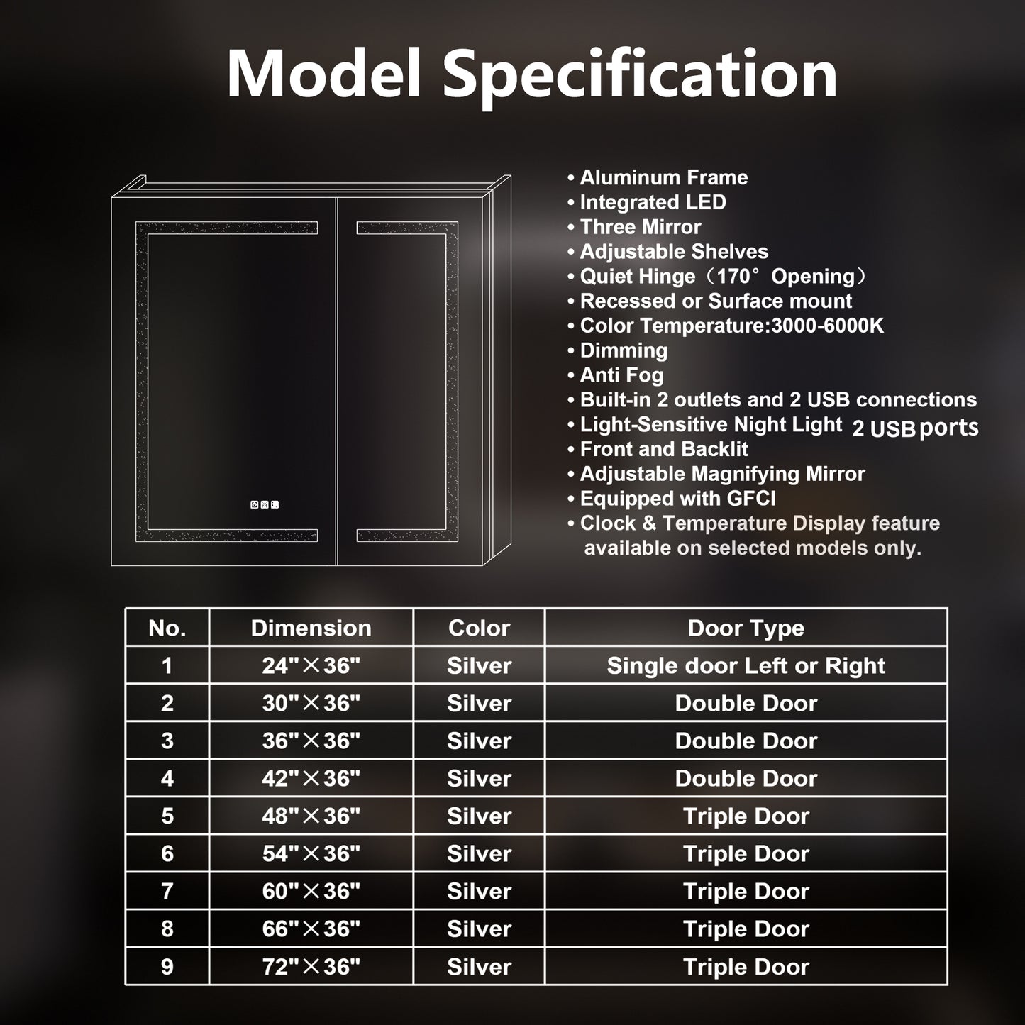 Medicine Cabinet 30x36" LED Inset Mirrored Anti-Fog Storage