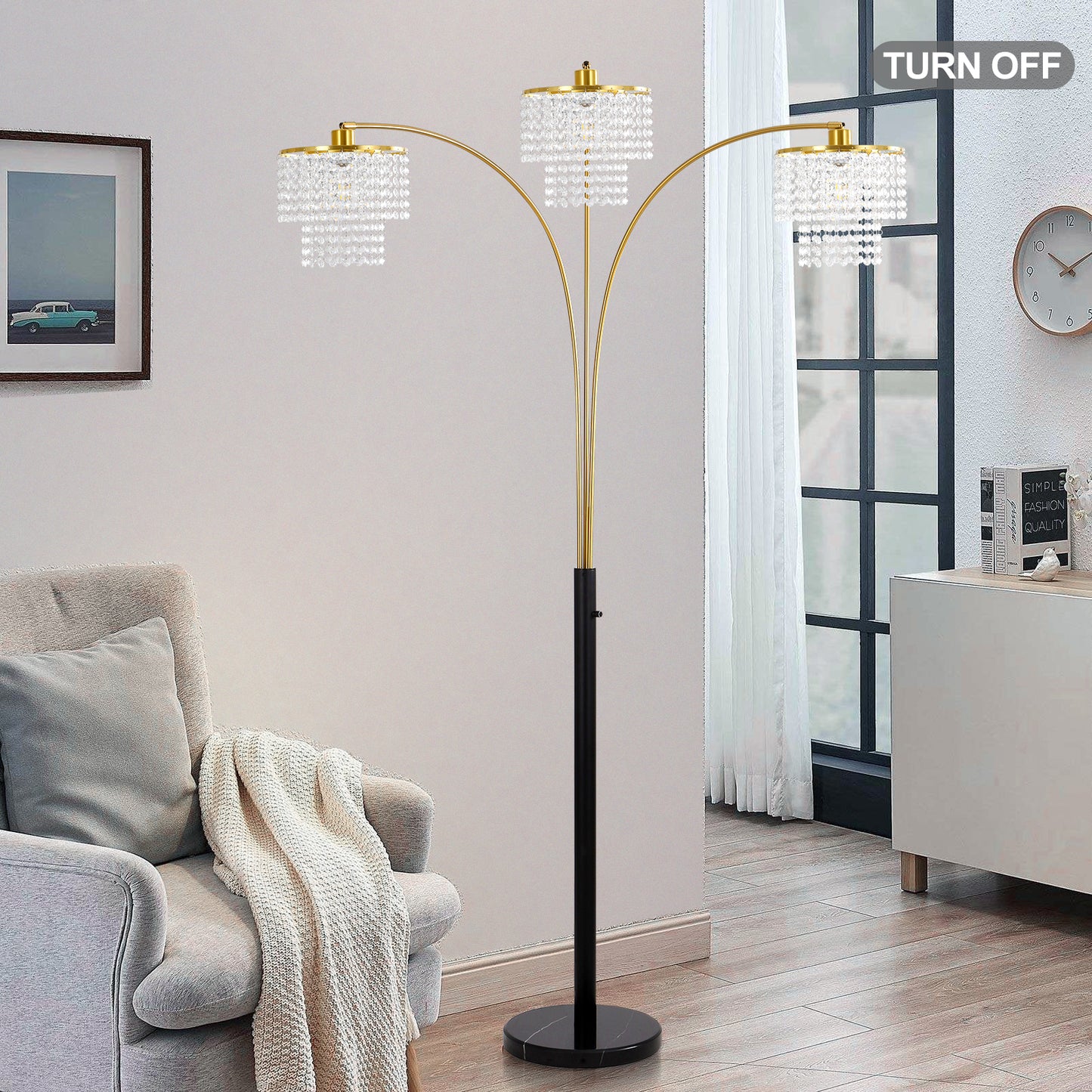 Brio 85" 3-Light Modern Gold Crystal Arc Floor Lamp