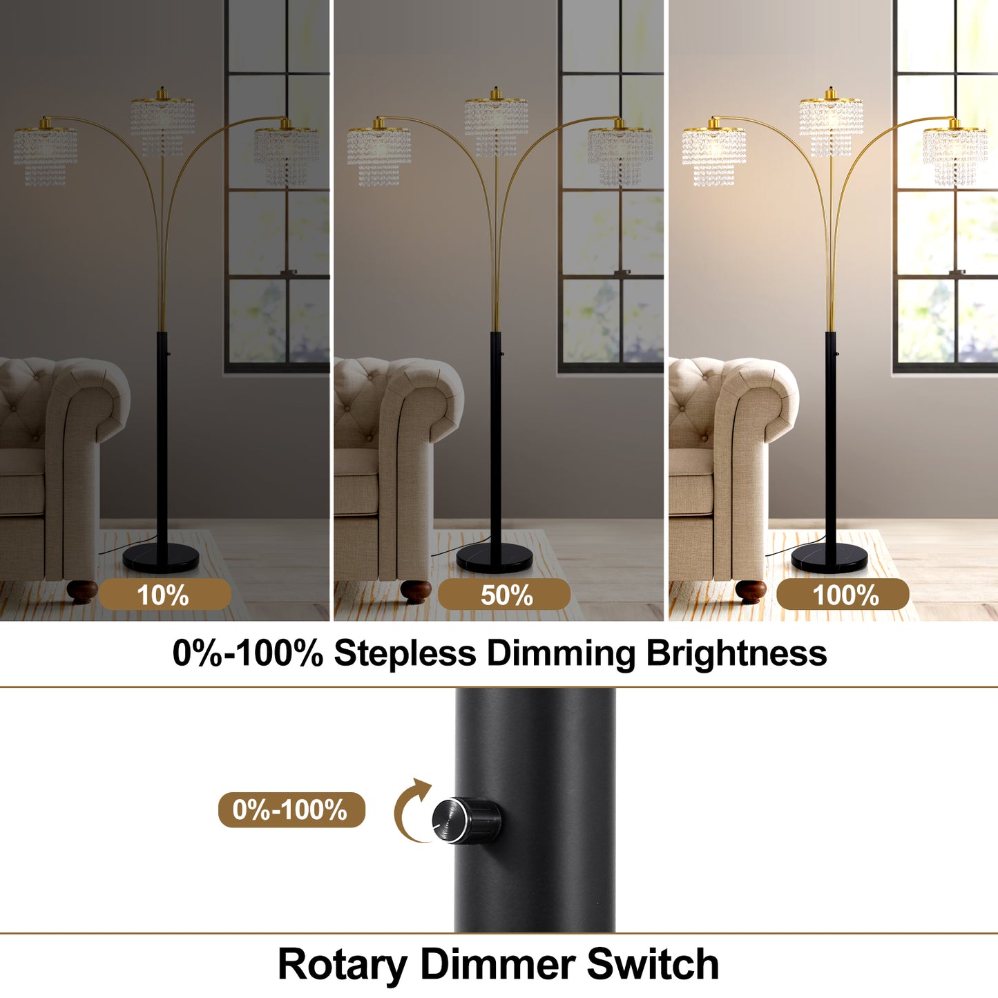Brio 85" 3-Light Modern Gold Crystal Arc Floor Lamp