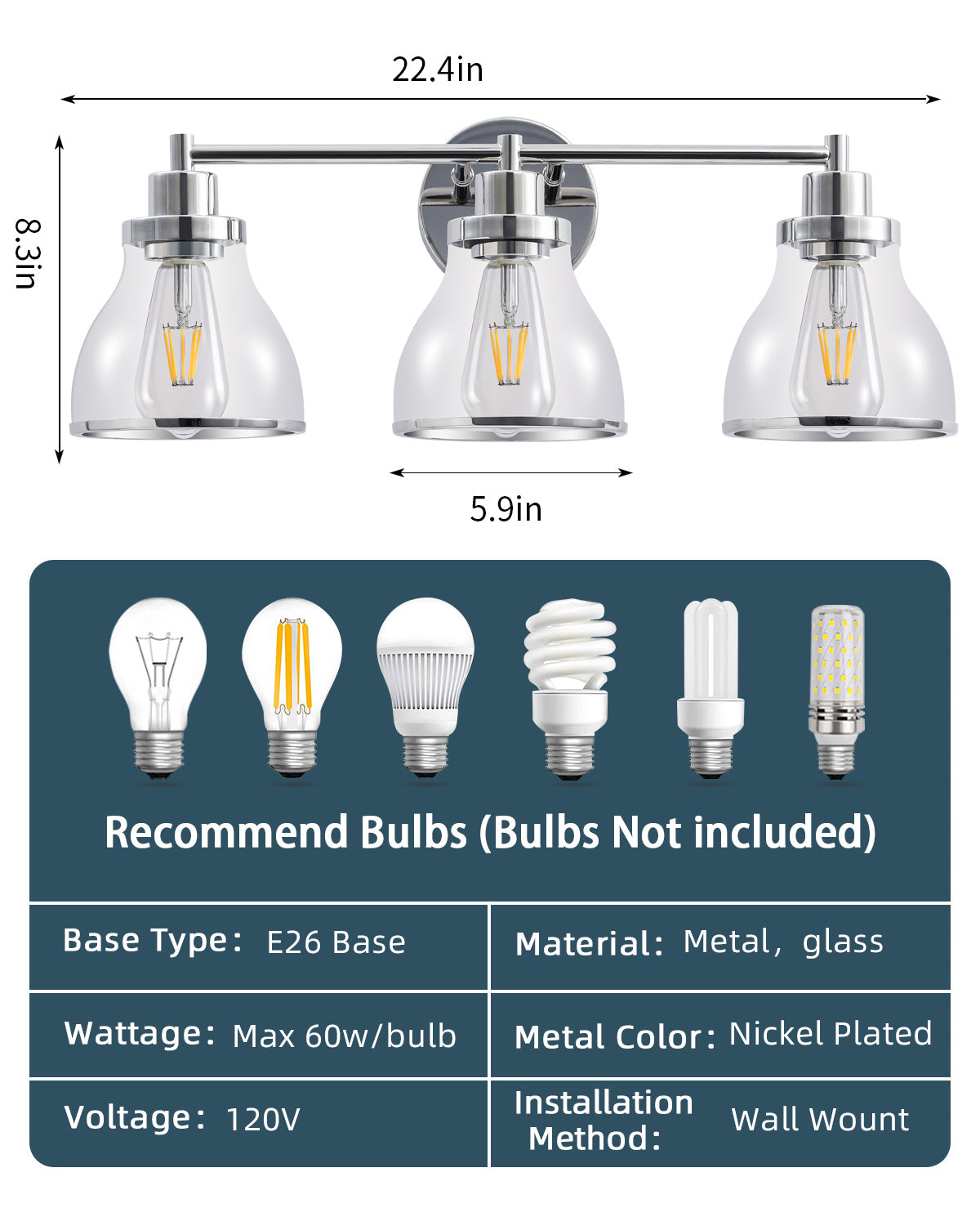 Hermosa Polished Nickel 3-Light Bathroom Vanity Light