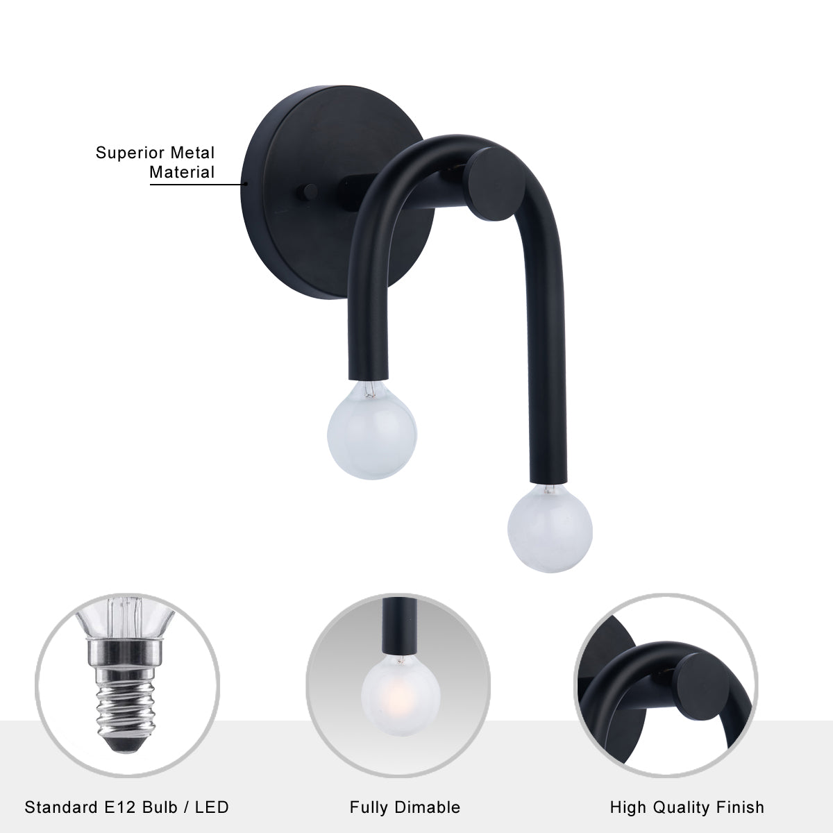 Caboche Mid-Century Modern Black 2-Light Wall Sconce