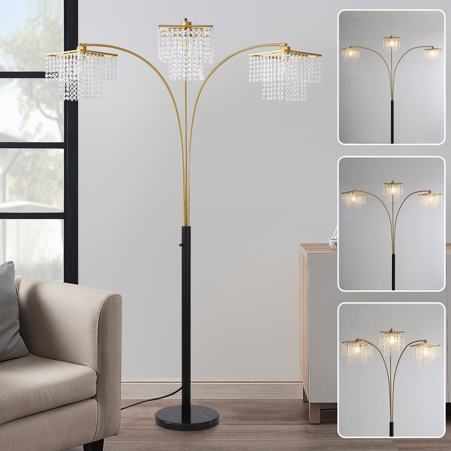Brio 90" 3-Light Modern Gold Crystal Arc Floor Lamp
