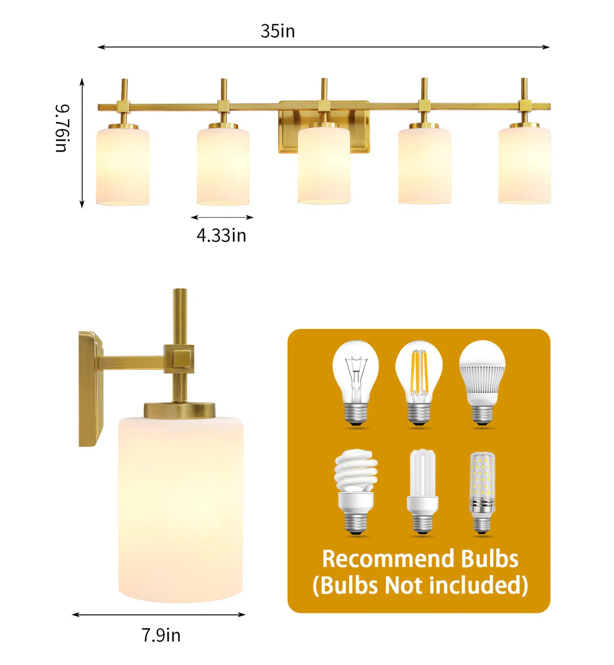 Jasper Gold Frosted Glass 5-Light Bathroom Vanity Light