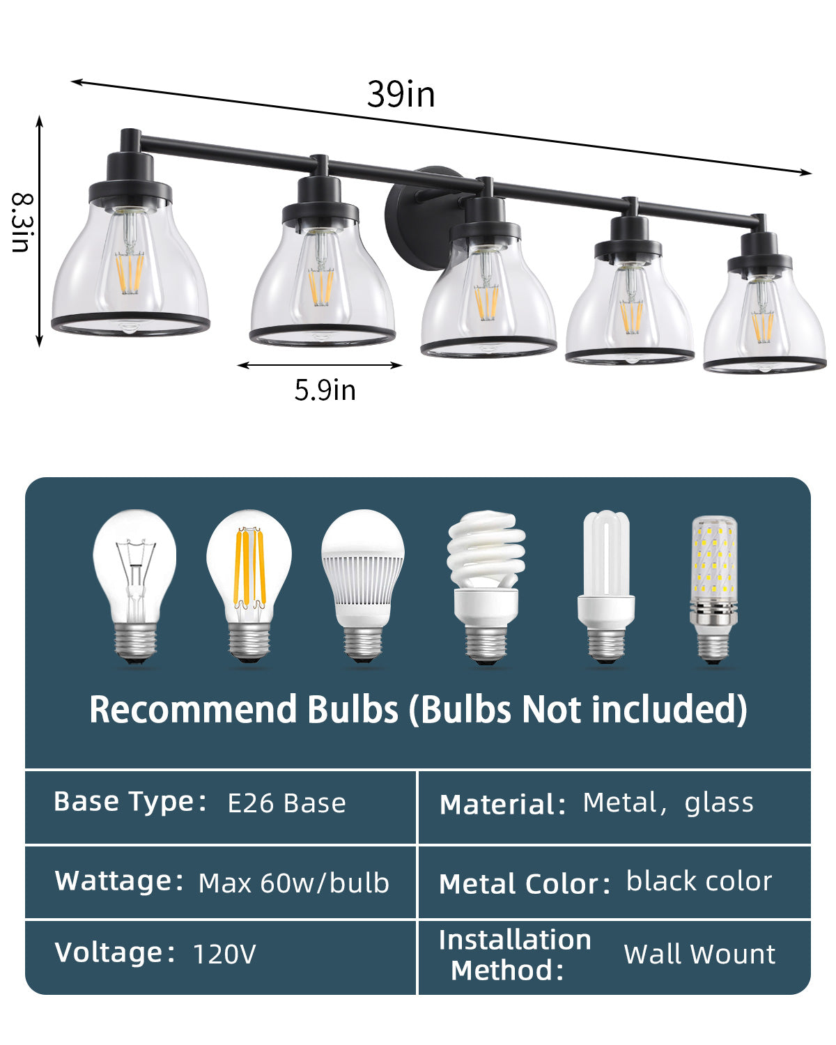 Hermosa Black 5-Light Bathroom Vanity Light