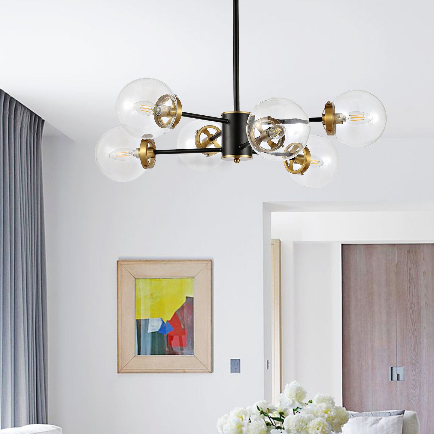 Modern Chandelier Sputnik Black Brass 6-Light Glass 30"