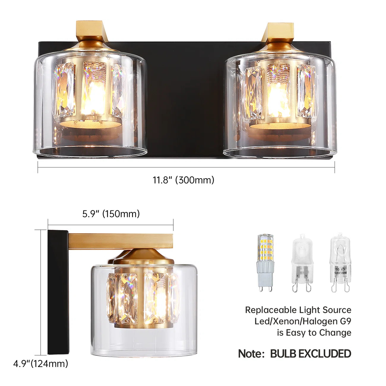 Kolt Black & Gold Traditional 2-Light Bathroom Vanity Light