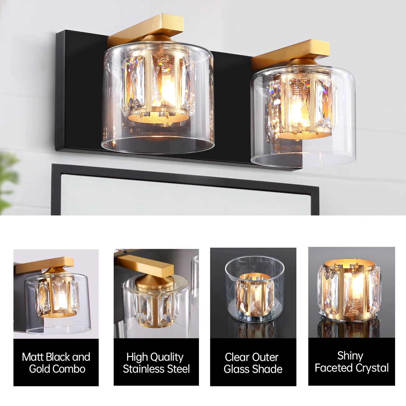 Kolt Black & Gold Traditional 2-Light Bathroom Vanity Light