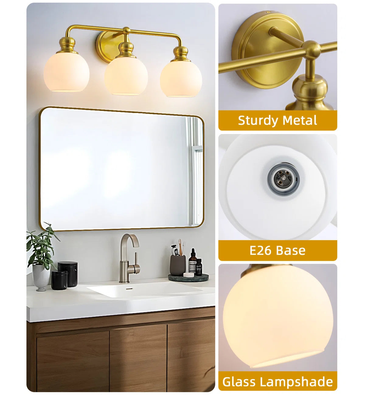 Irvine Gold Modern Frosted Glass 3-Light Vanity Light