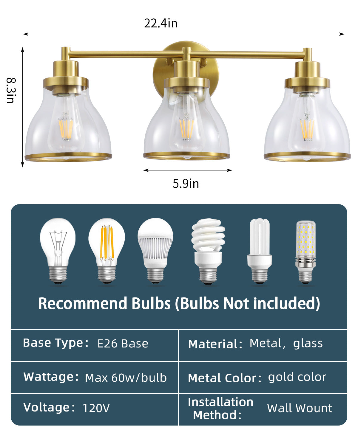 Hermosa Gold 3-Light Bathroom Vanity Light
