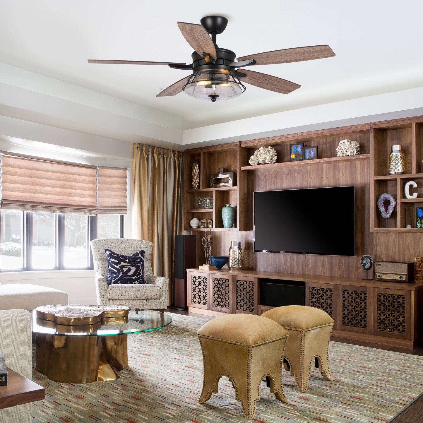 52" 5-Blade 2-Light Industrial Reversible Ceiling Fan with Light