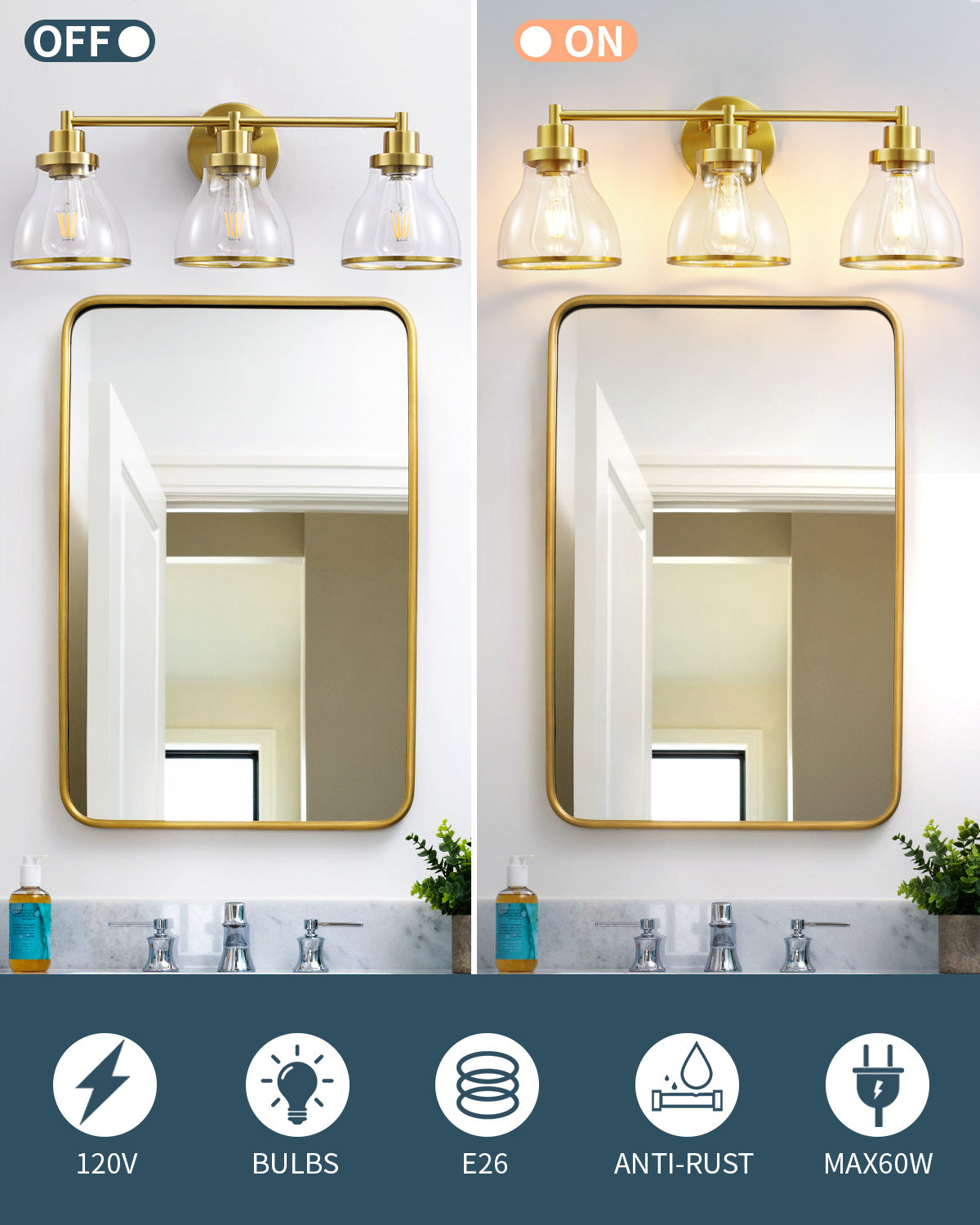 Hermosa Gold 3-Light Bathroom Vanity Light