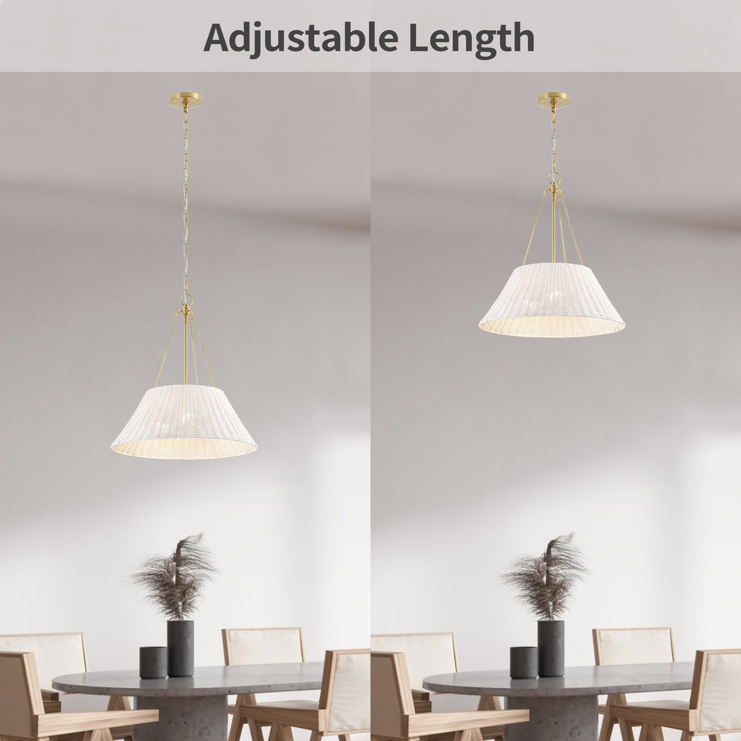 Farmhouse Chandelier 22" 3-Light Brass White Rattan Shade