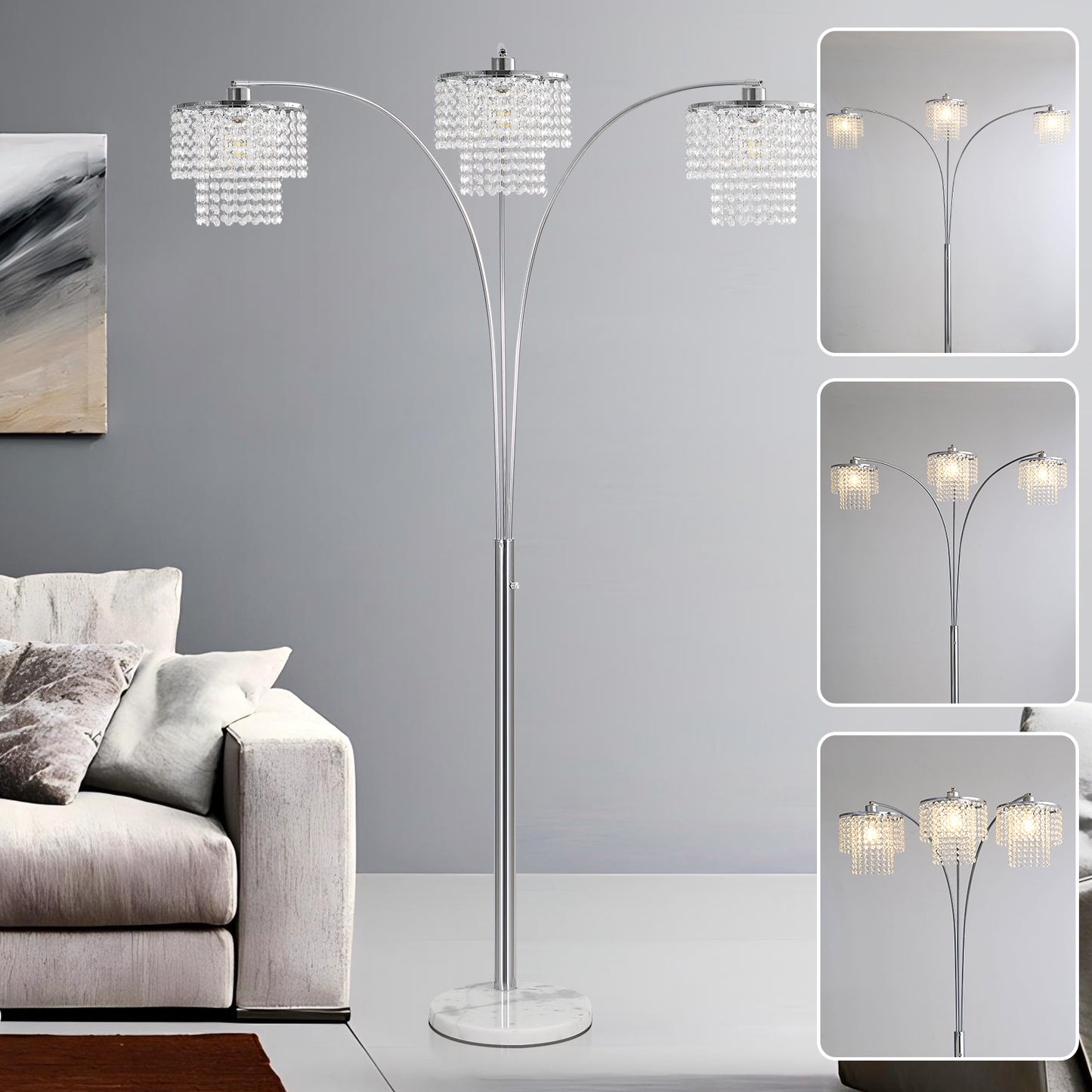 Brio 90" 3-Light Modern Crystal Arc Floor Lamp