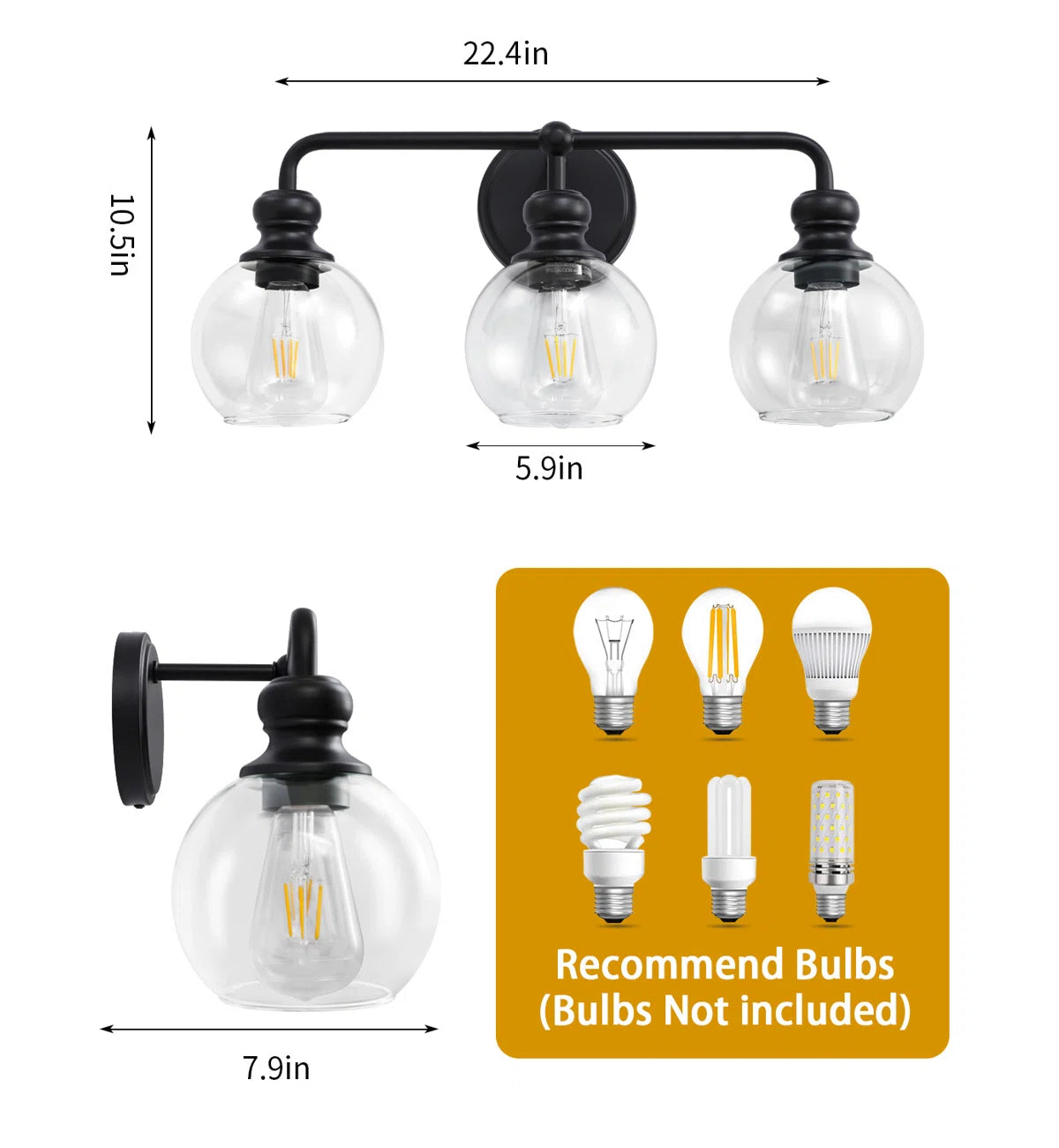 Irvine Black Modern Clear Glass 3-Light Vanity Light