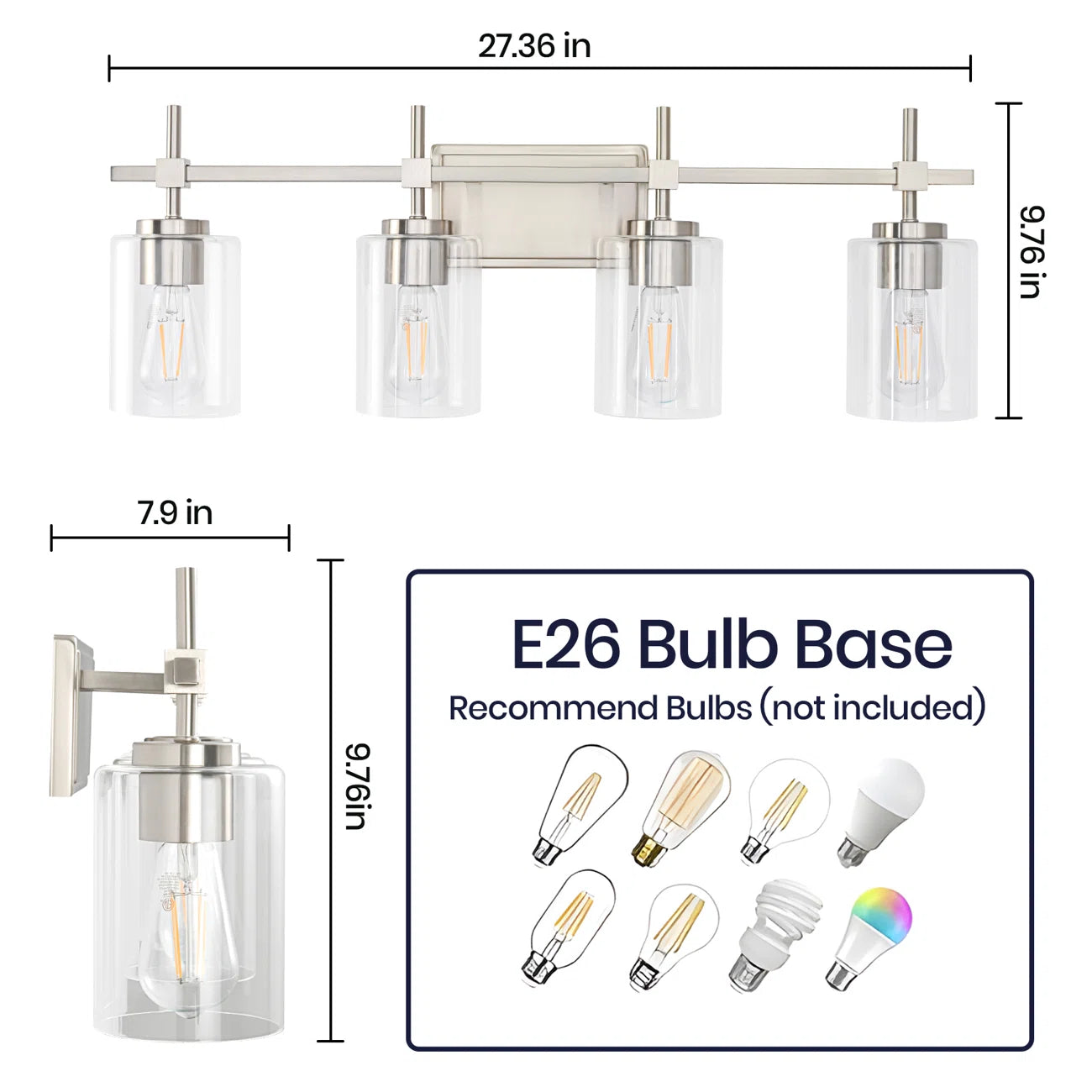 Jasper Brushed Nickel Clear Glass 4-Light Bathroom Vanity Light